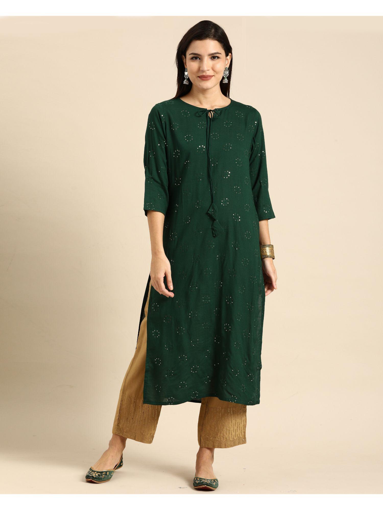 womens rayon slub resham embroidered kurti