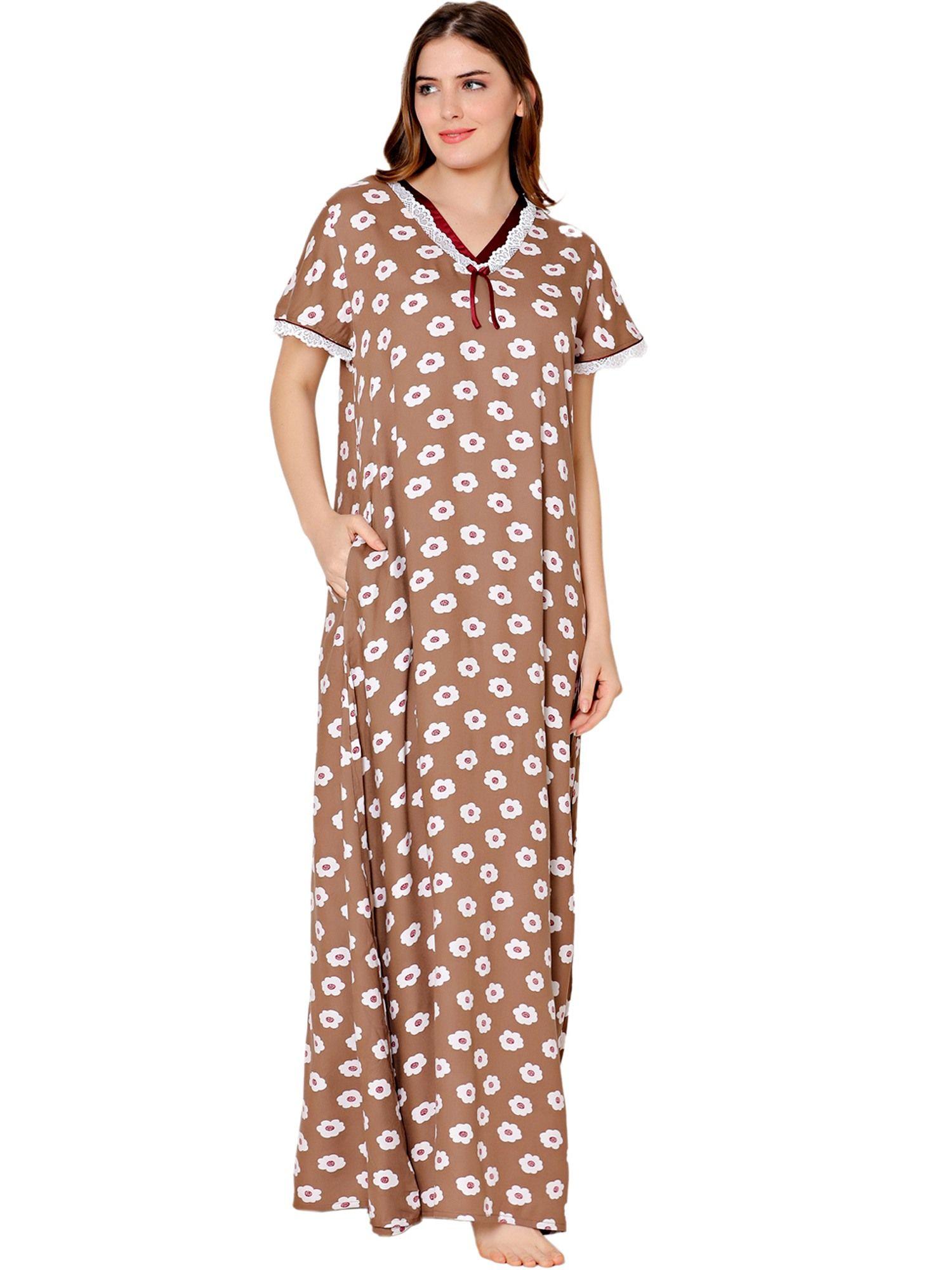 womens rayon v neck floral print long night dress -bsn1008b brown