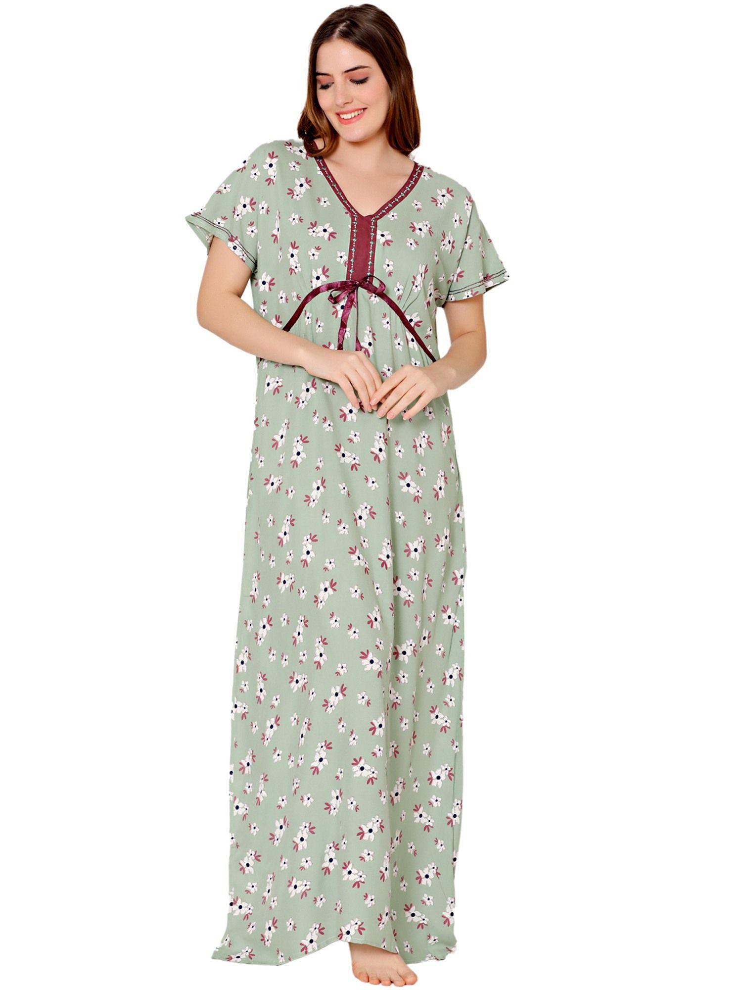 womens rayon v neck floral print long night dress -bsn1009a green