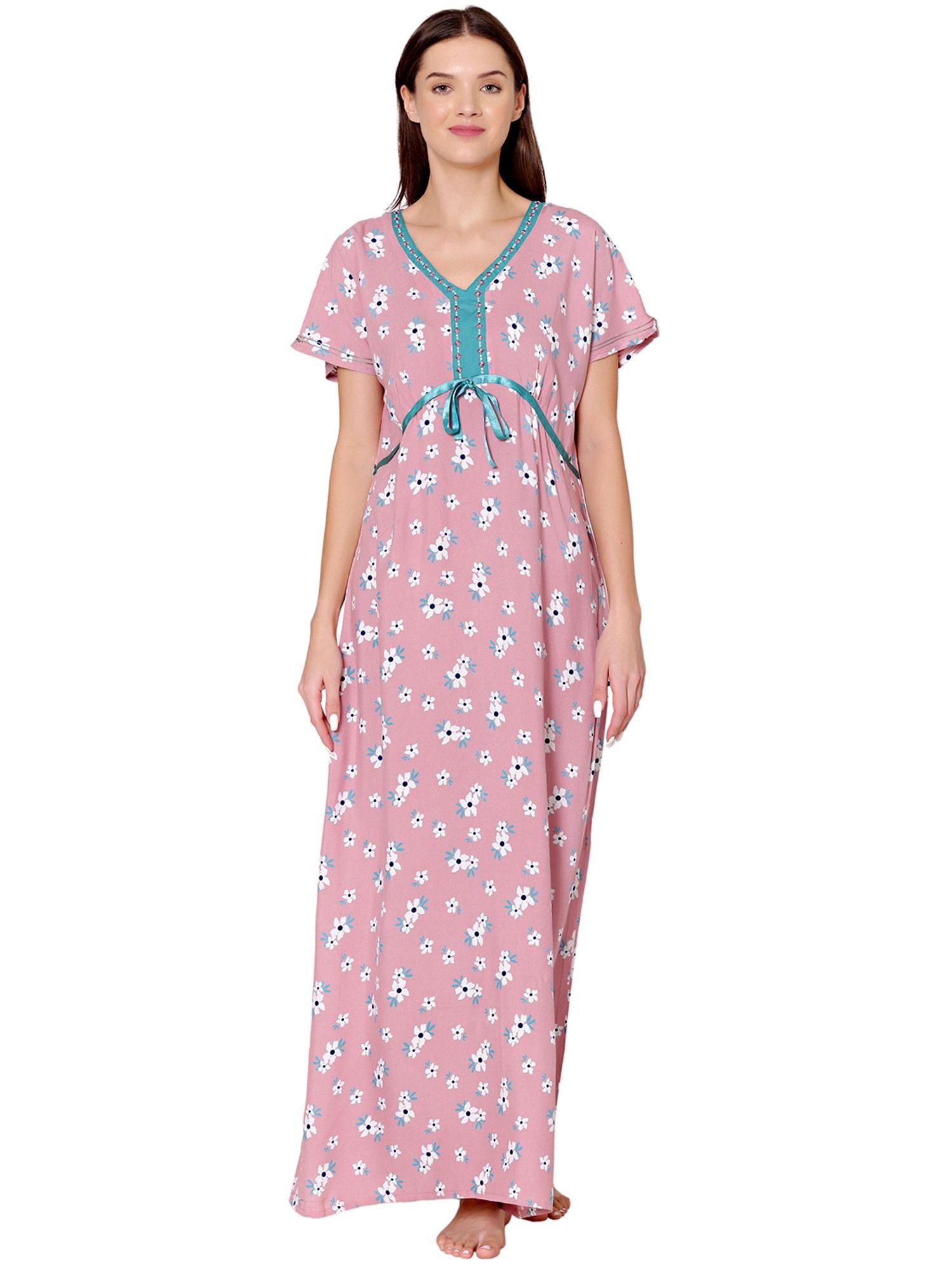 womens rayon v neck floral print long night dress -bsn1009b pink