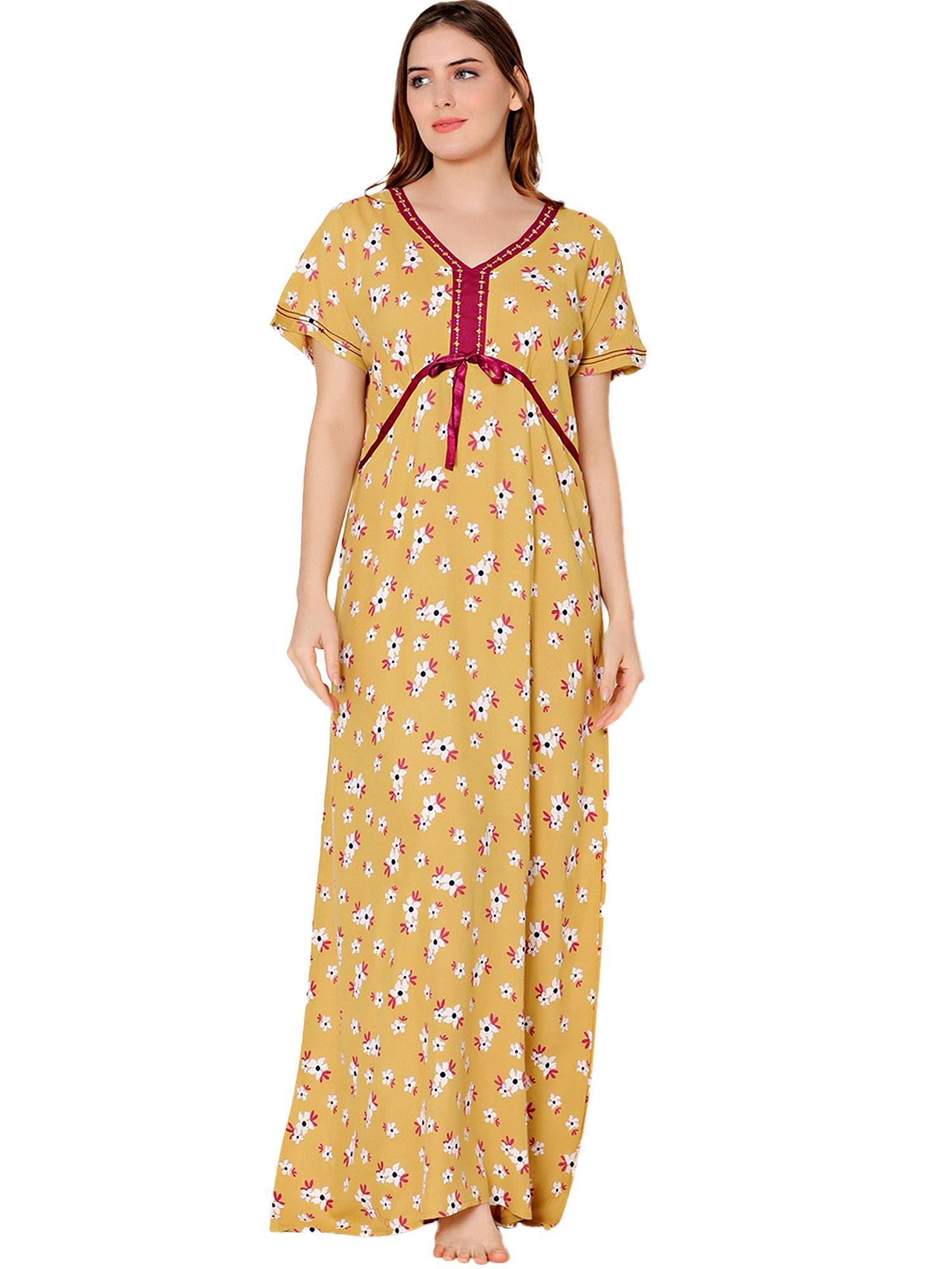 womens rayon v neck floral print long night dress -bsn1009c yellow