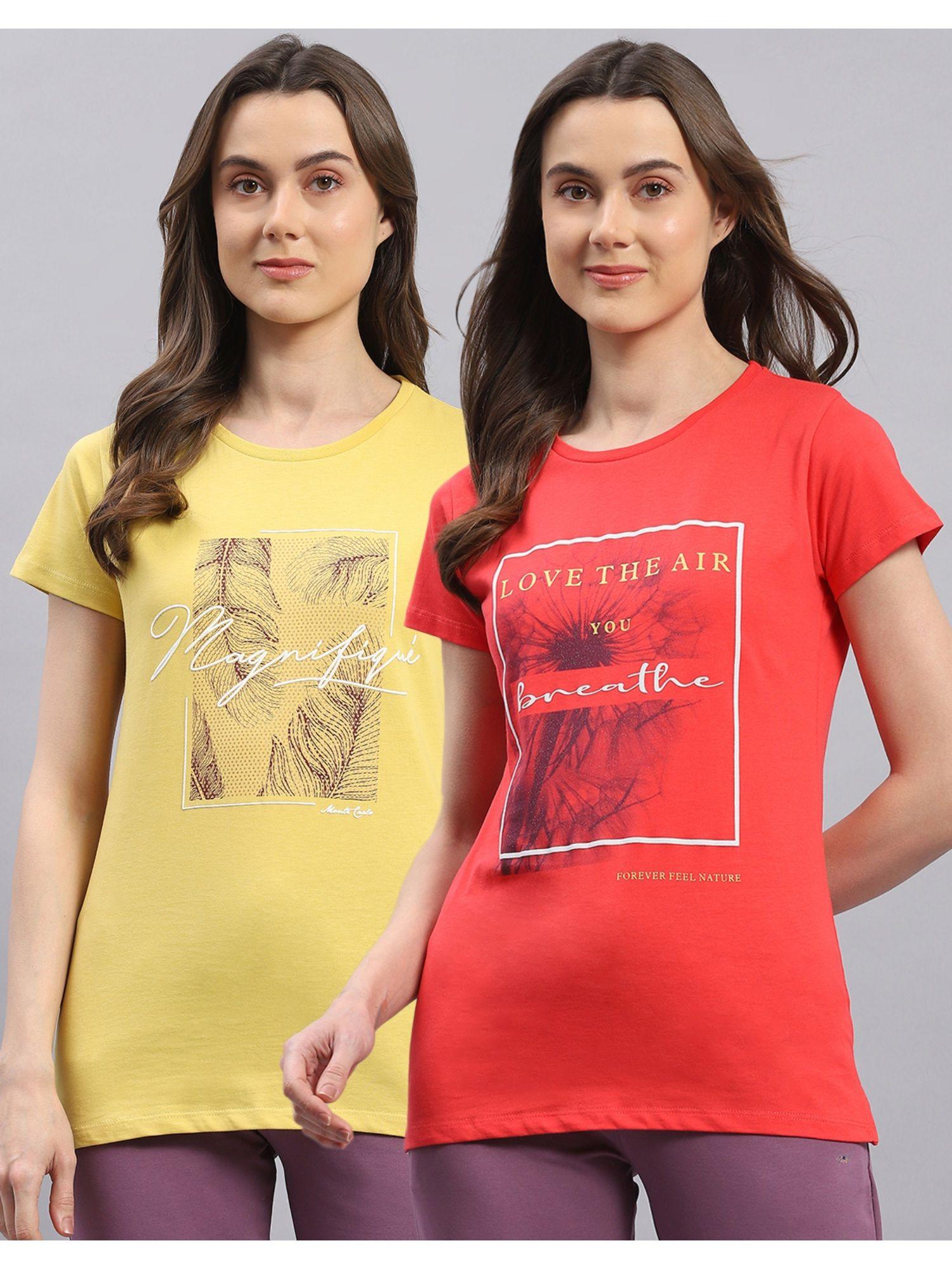 womens red & yellow printed round neck half sleeve top (set of 2)