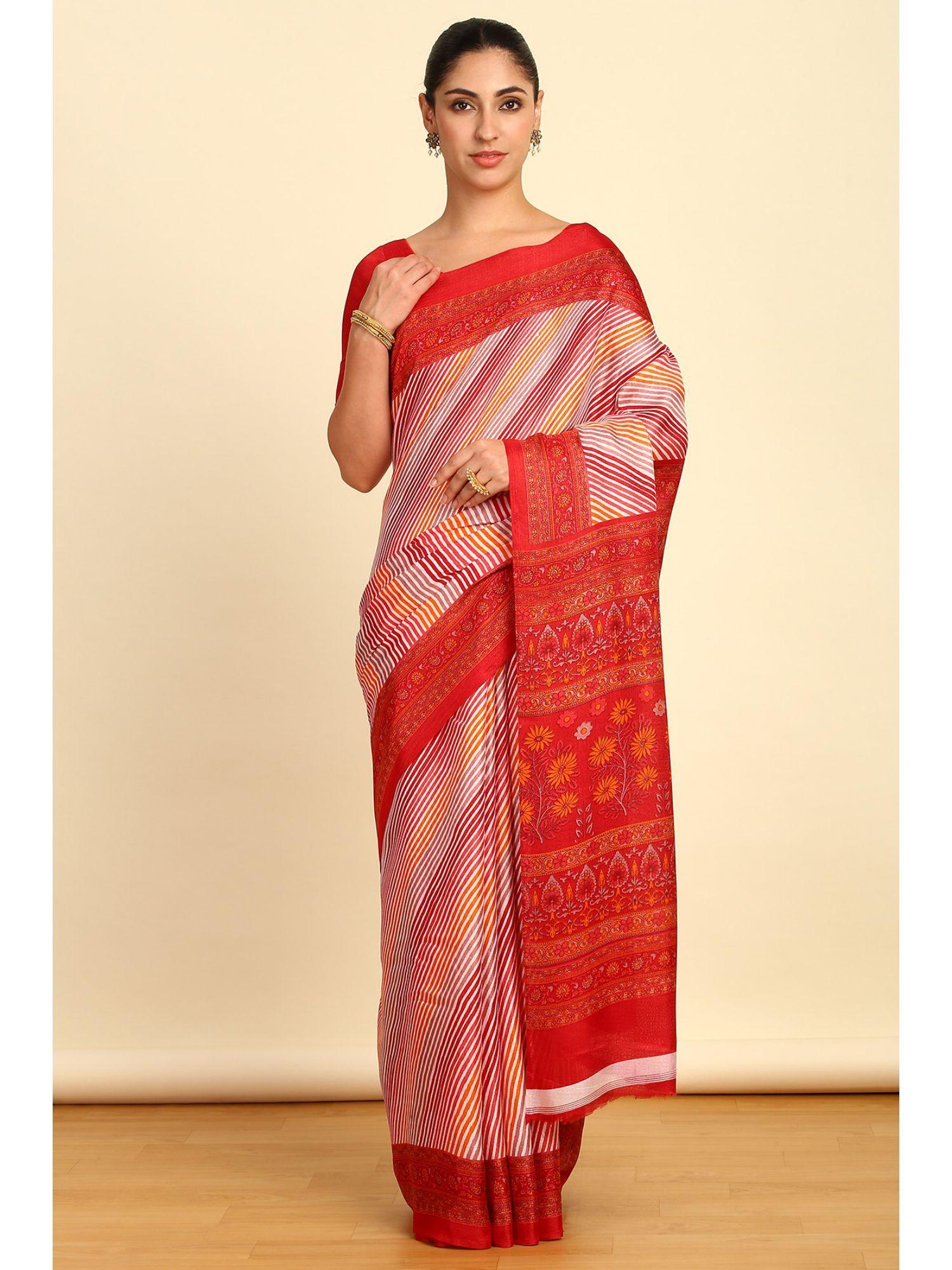 womens red art silk stripes saree with unstitched blouse