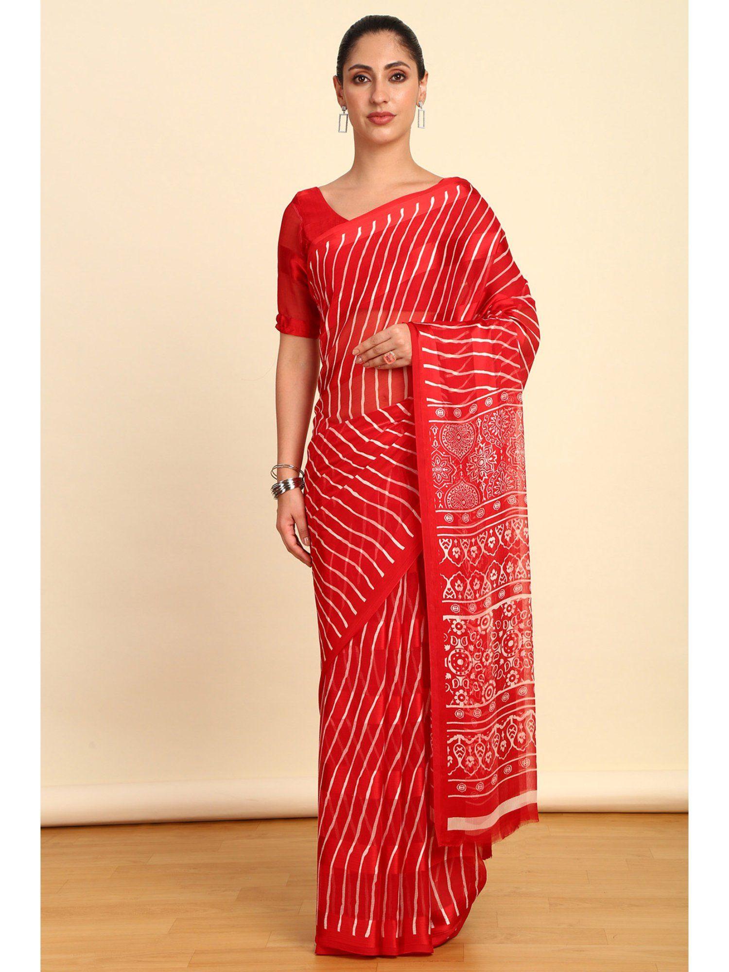 womens red chiffon leheriya print saree with unstitched blouse