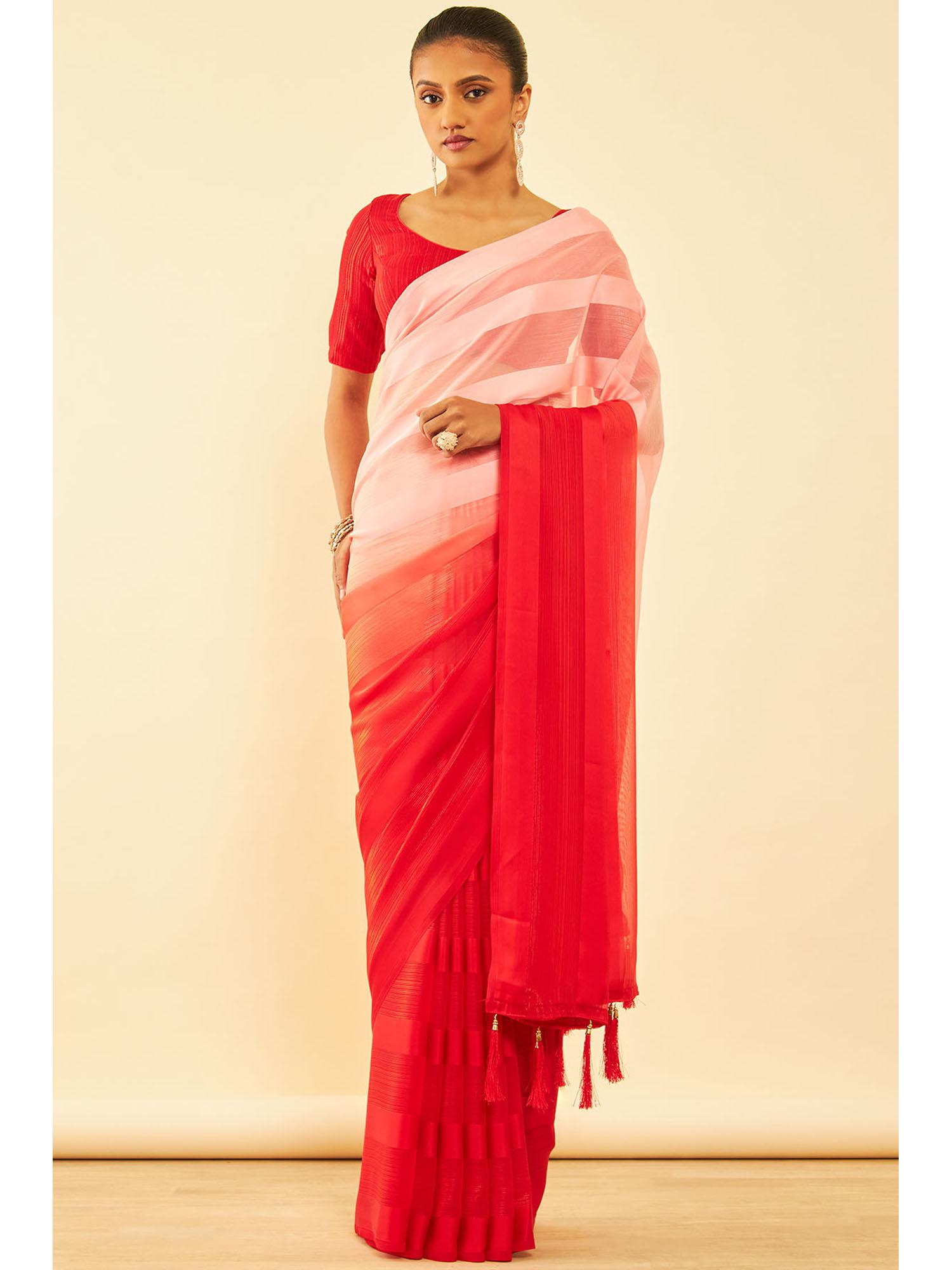 womens red chiffon striped saree with tassels with unstitched blouse