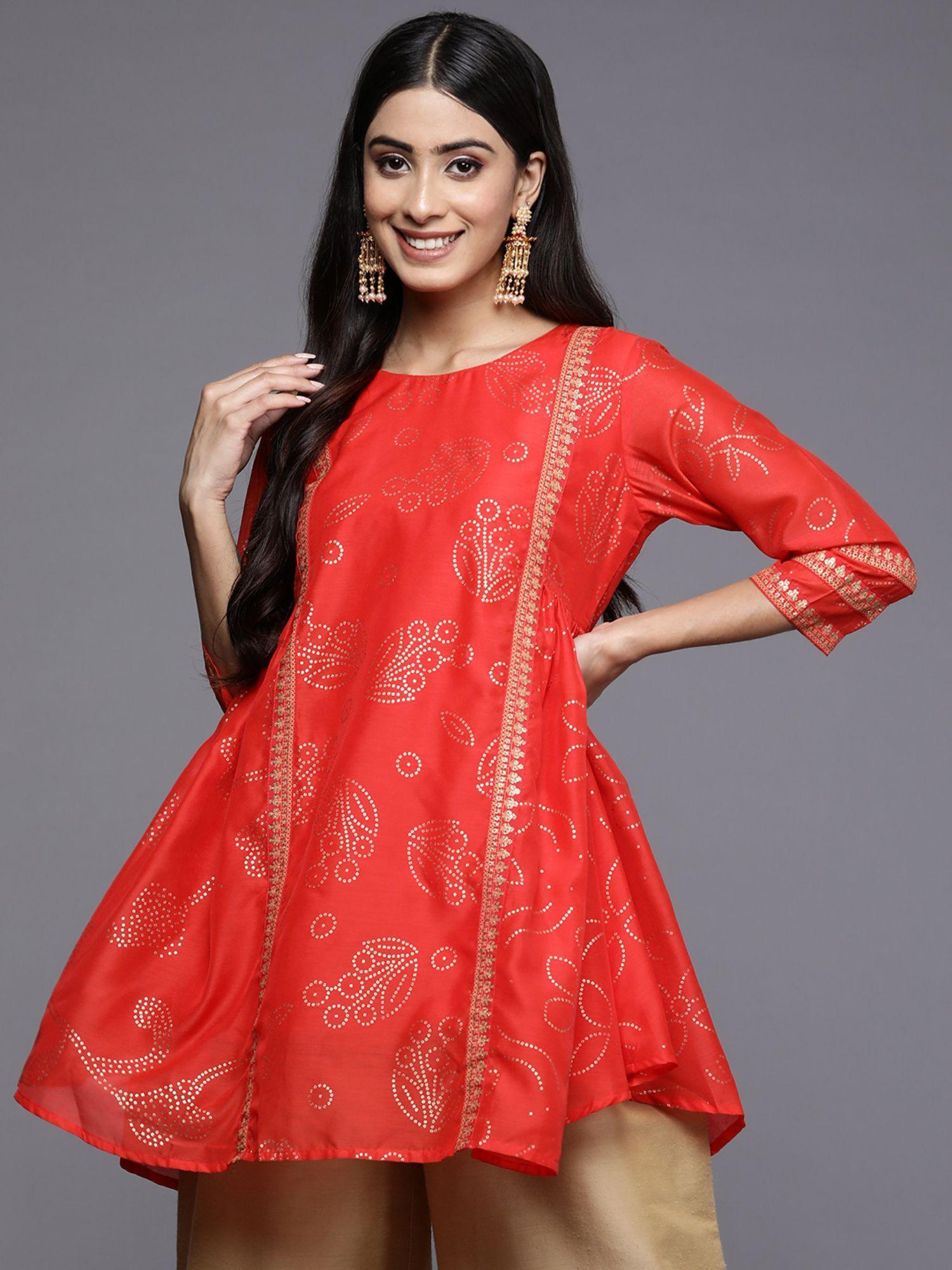 womens red colour chanderi printed tunic