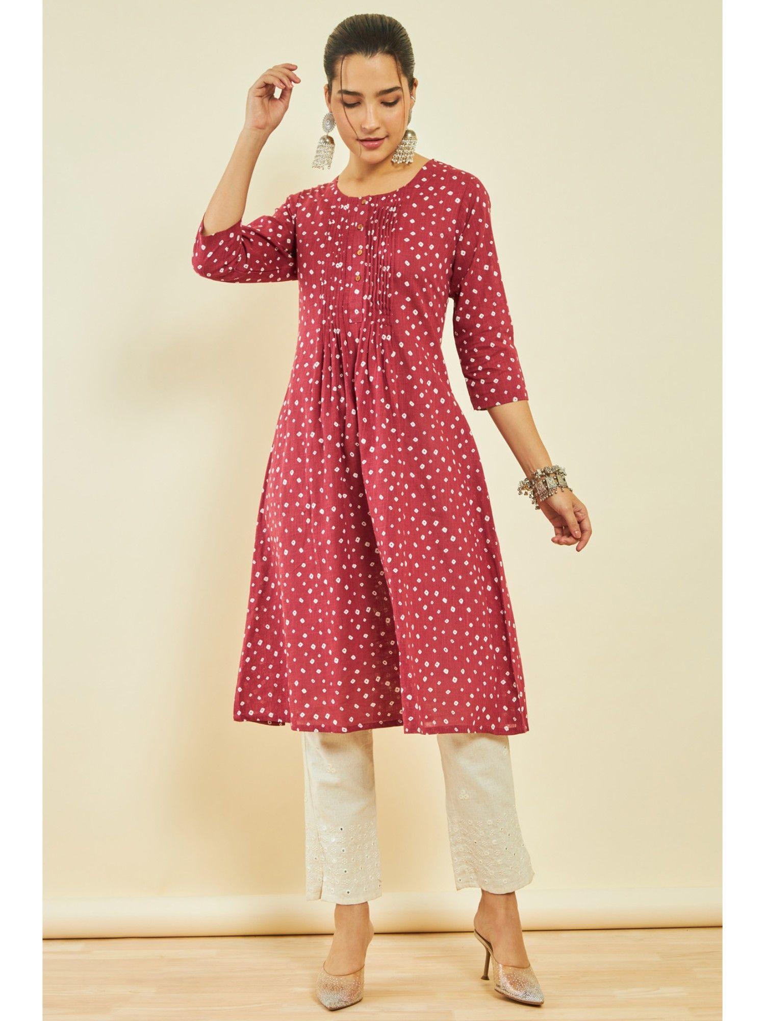 womens red cotton slub bandhani print kurta