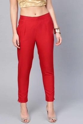 womens red cotton solid straight pants with side pocket - red