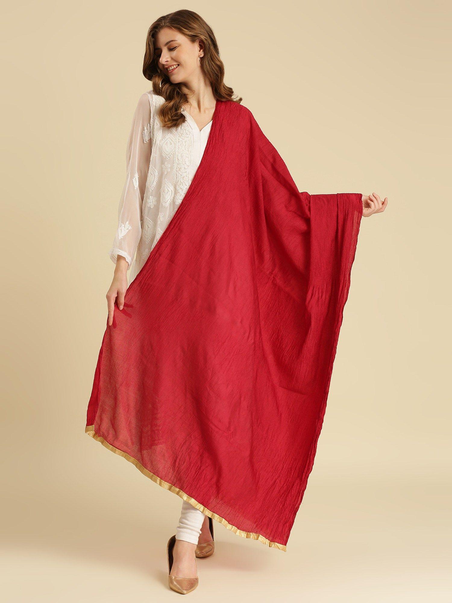 womens red crushed silk dupatta