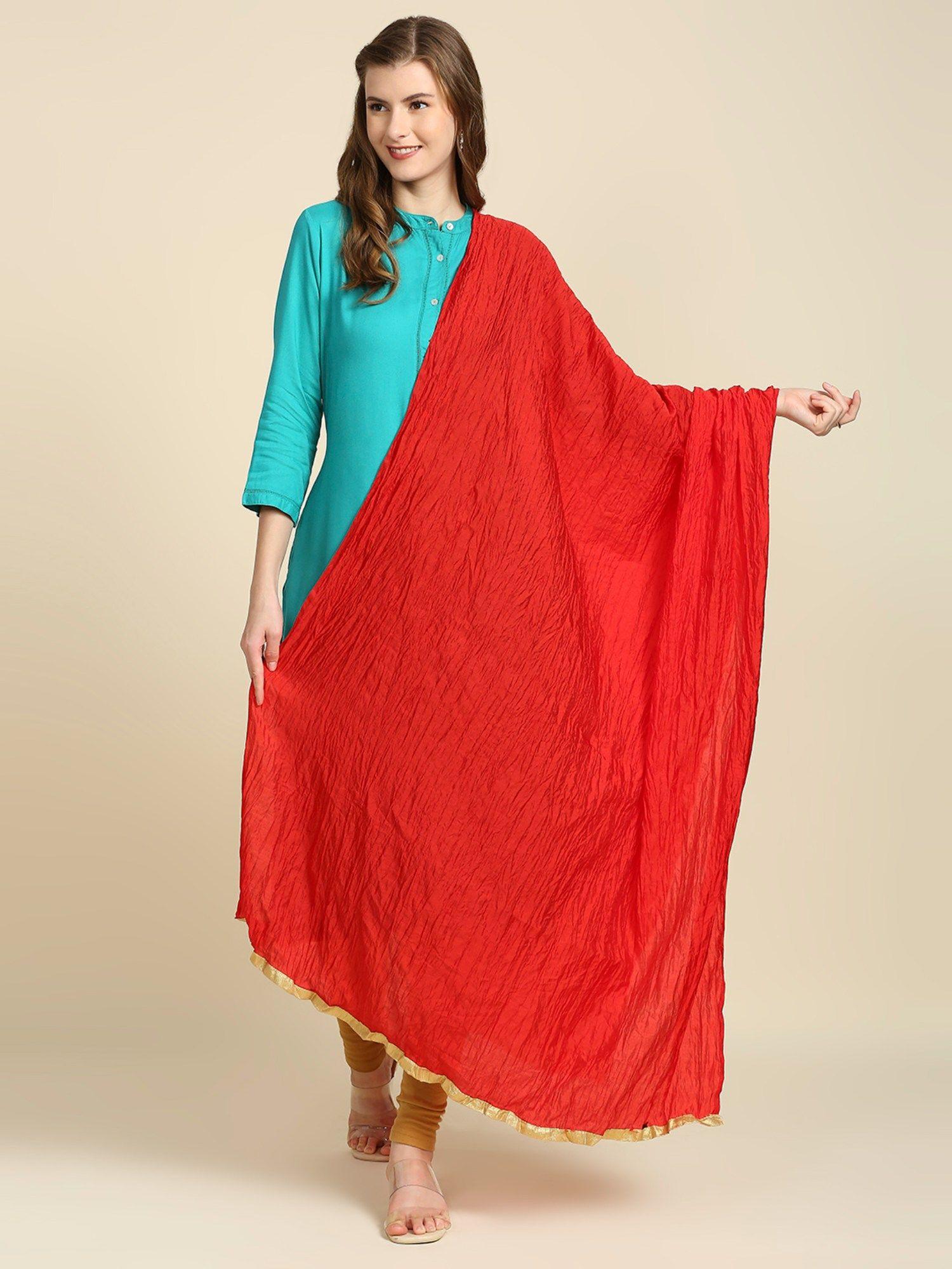 womens red crushed silk dupatta