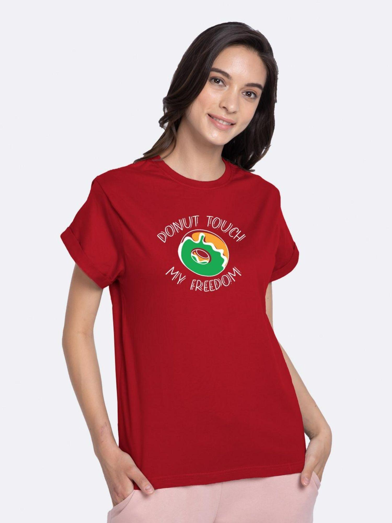 womens red donut touch typography boyfriend t-shirt