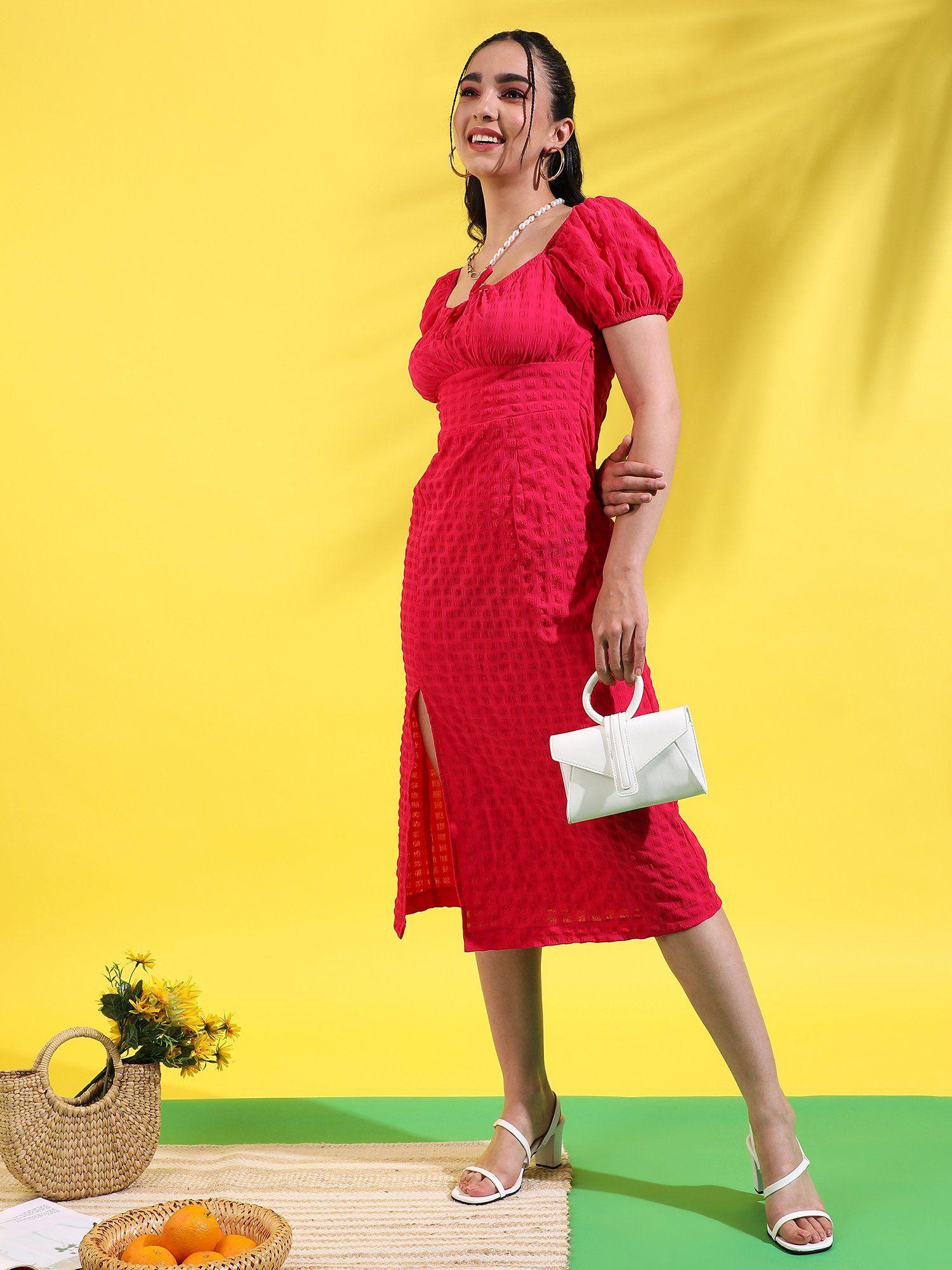 womens red dress with slit detail