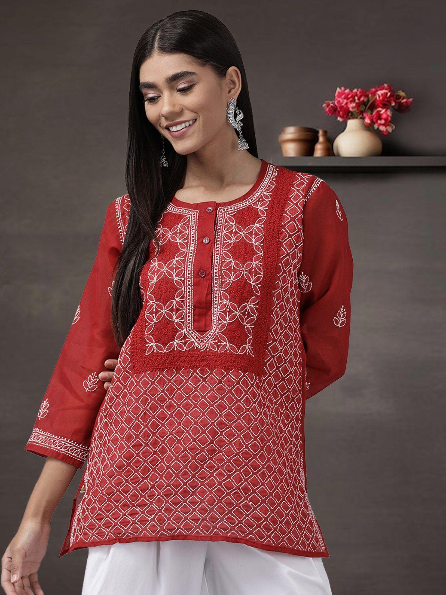 womens red embroidered lucknowi chikankari kurti