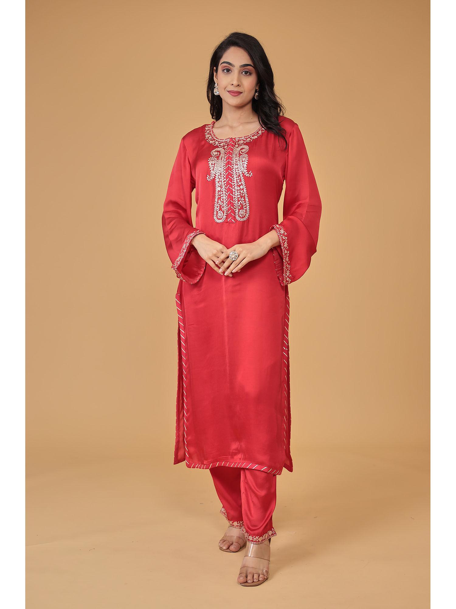 womens red embroidery kurta and pant (set of 2)