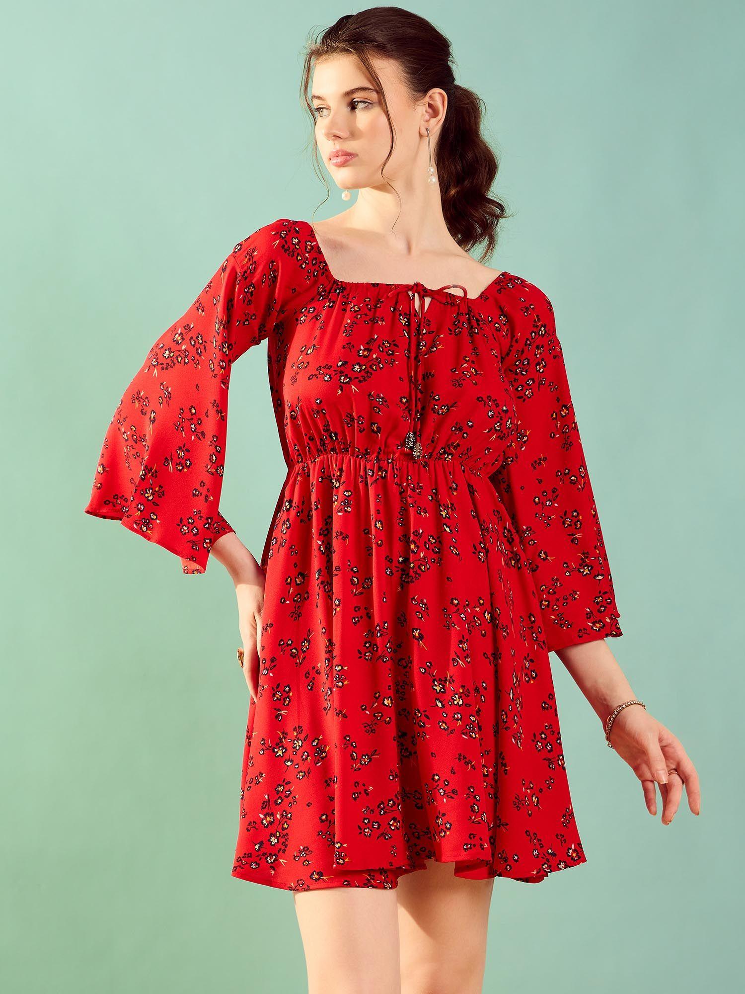 womens red floral off-shoulder mini dress