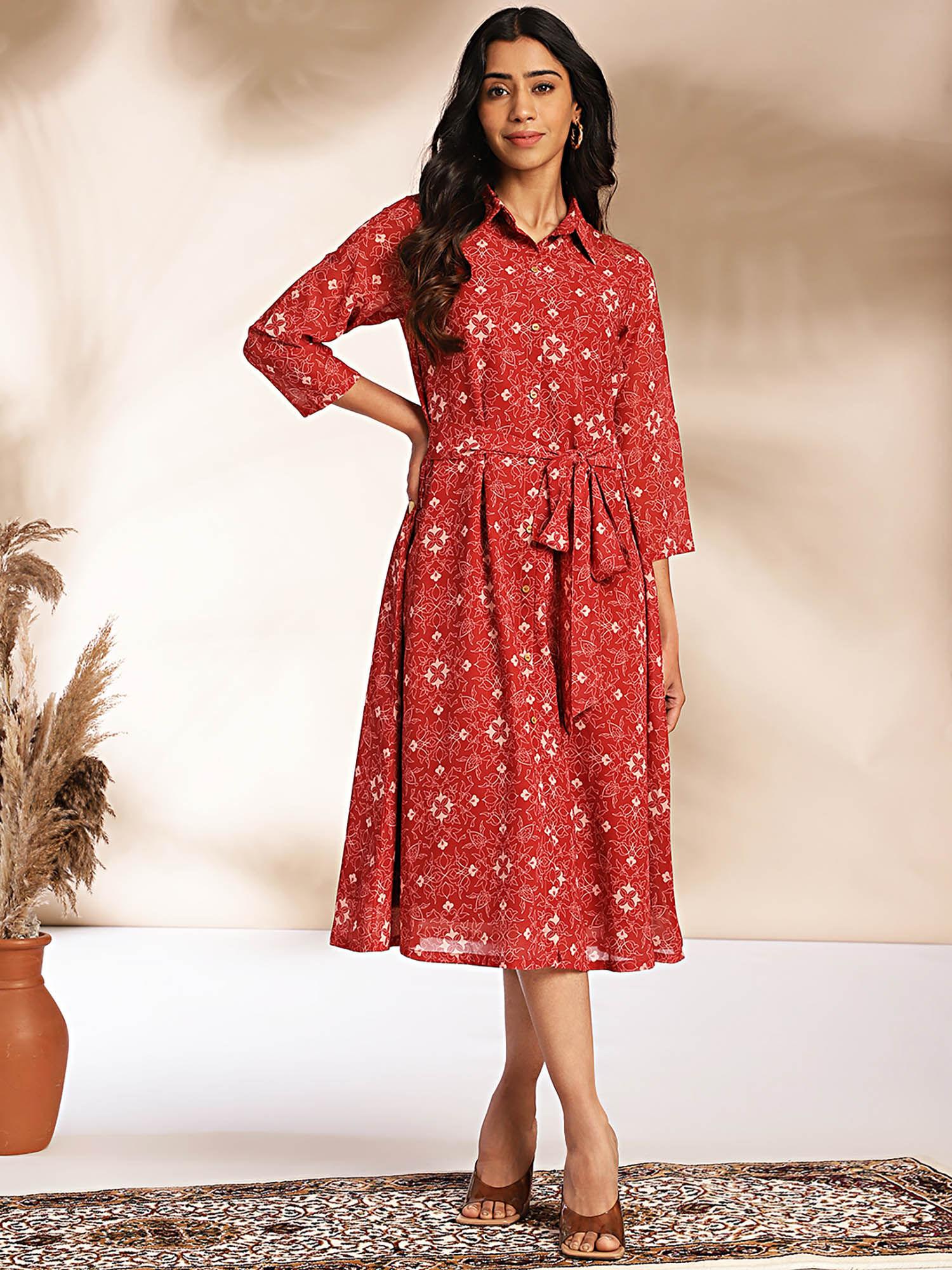 womens red georgette printed shirt style dress