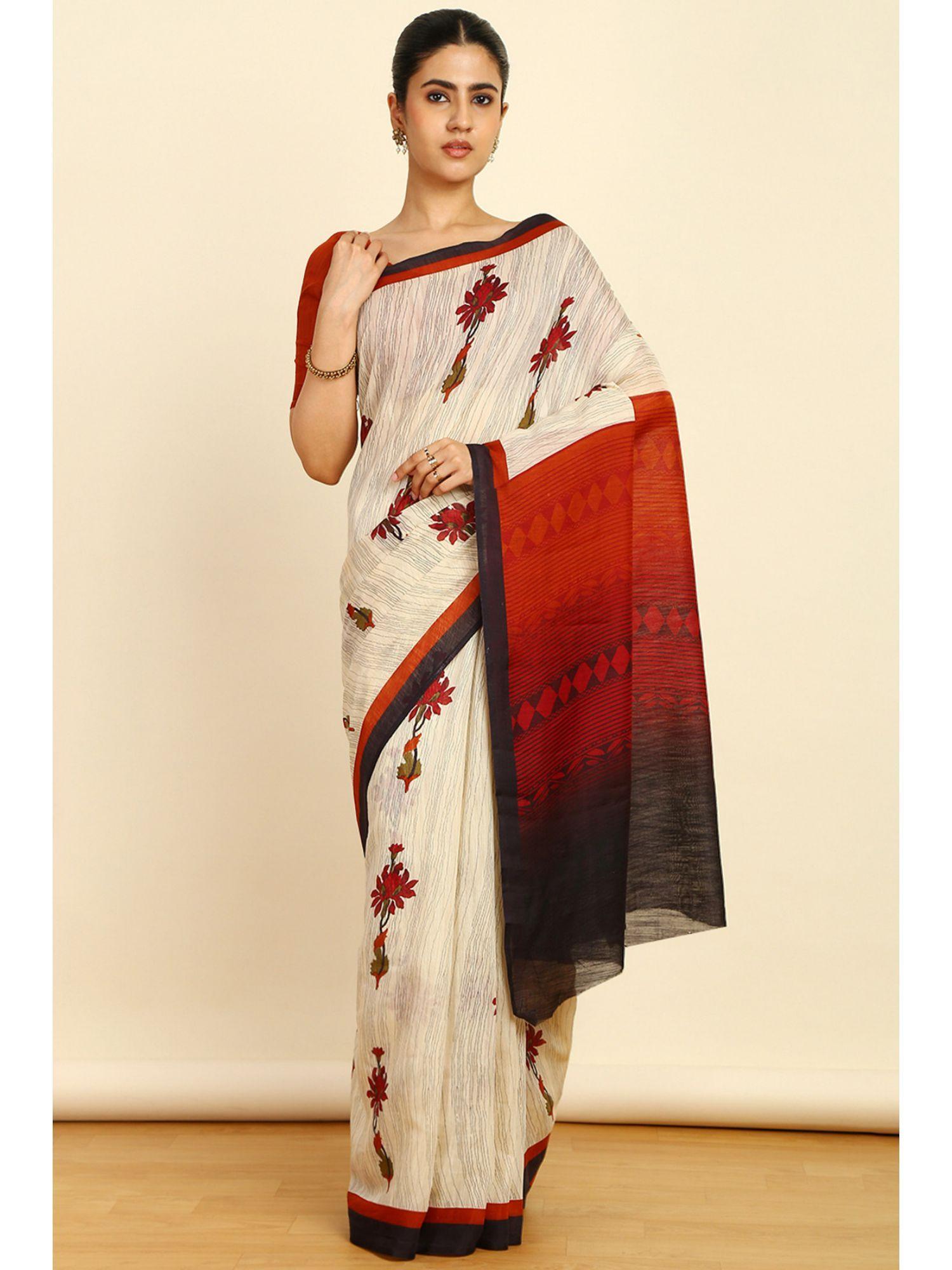 womens red linen floral print saree with unstitched blouse