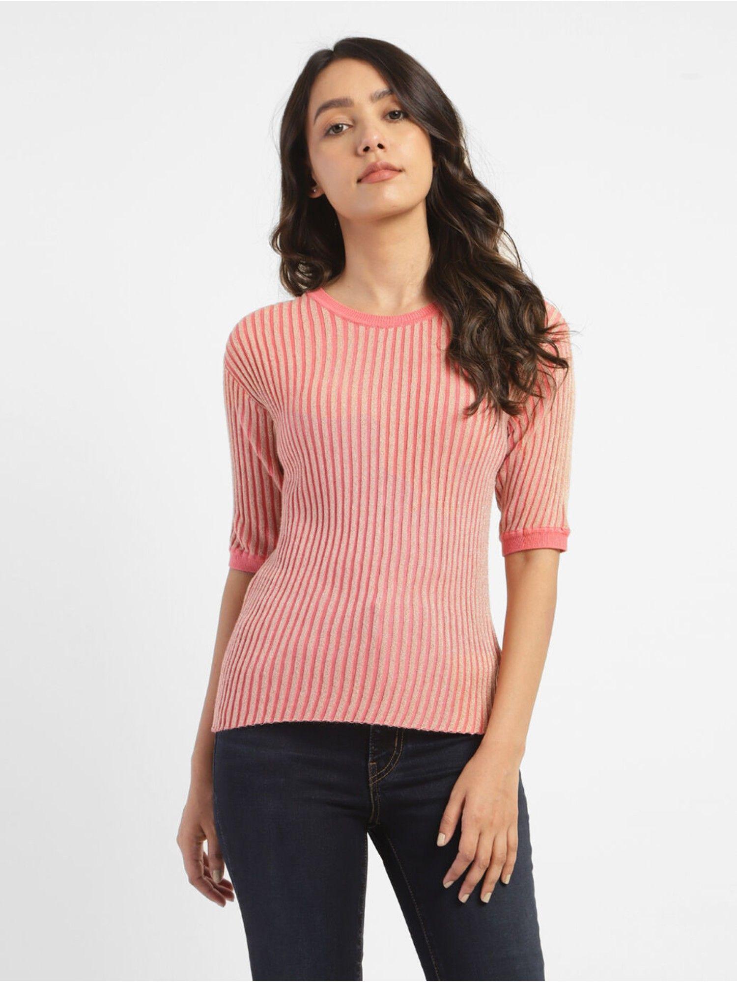 womens red loop striped round neck top