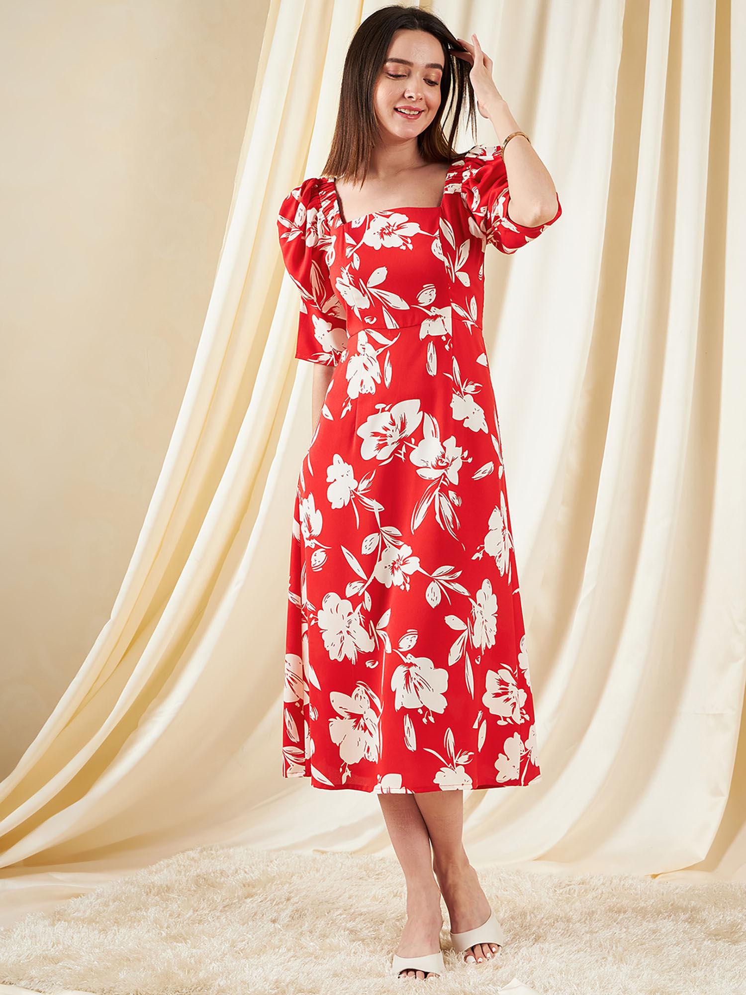 womens red printed a-line power half sleeves dress