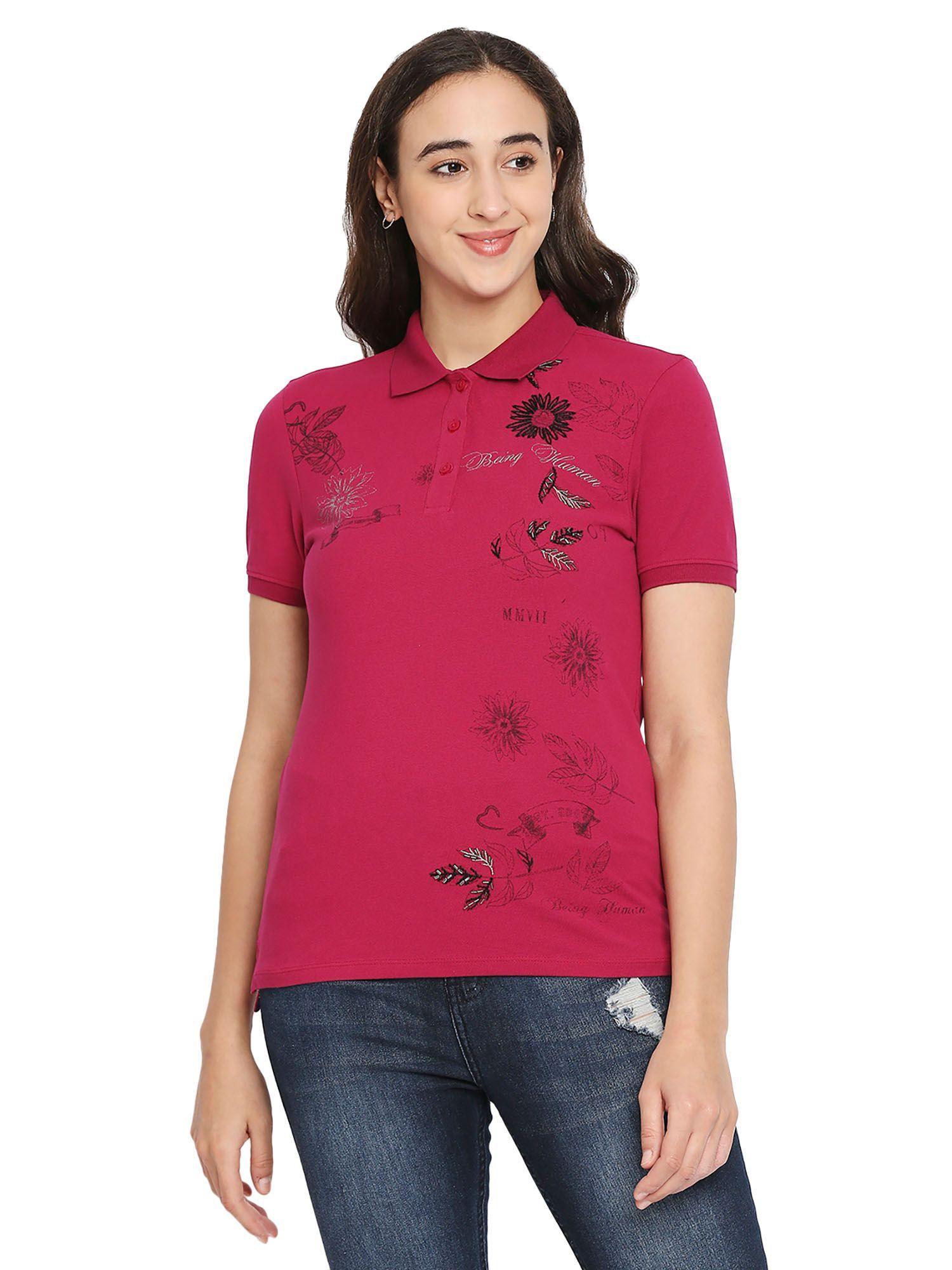 womens red printed collar neck polo t-shirt