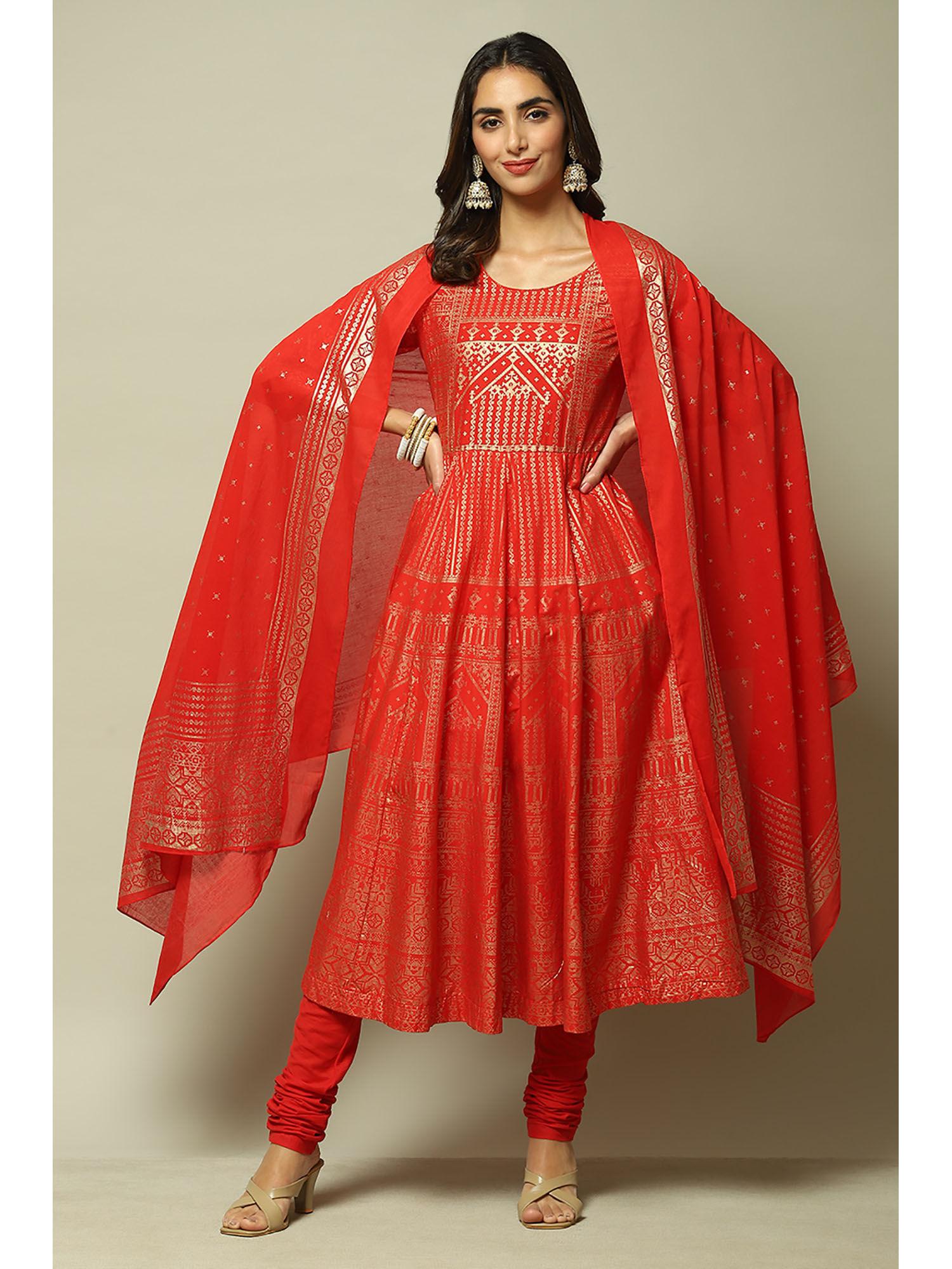 womens red printed cotton anarkali suit (set of 3)