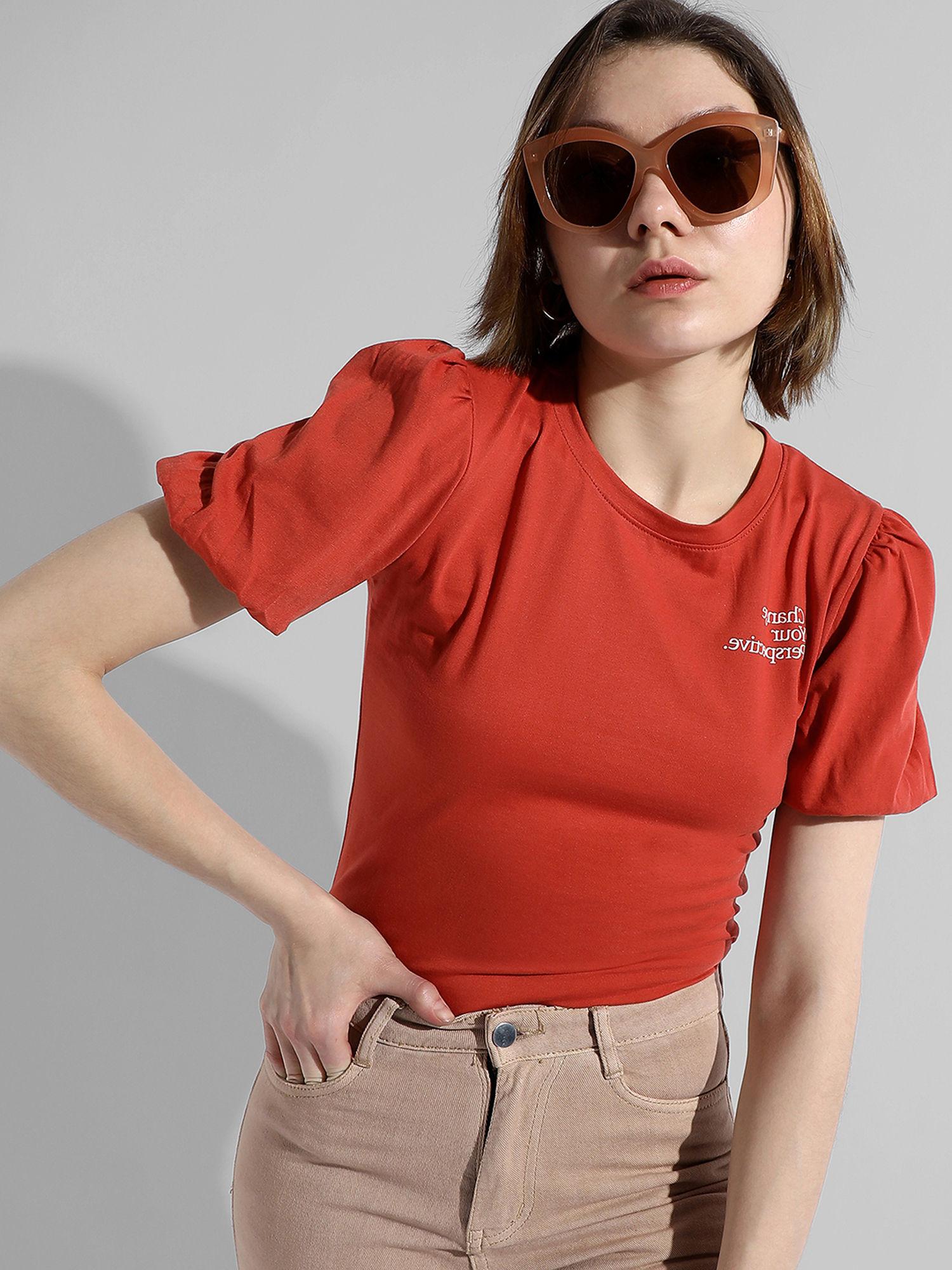 womens red printed regular fit top