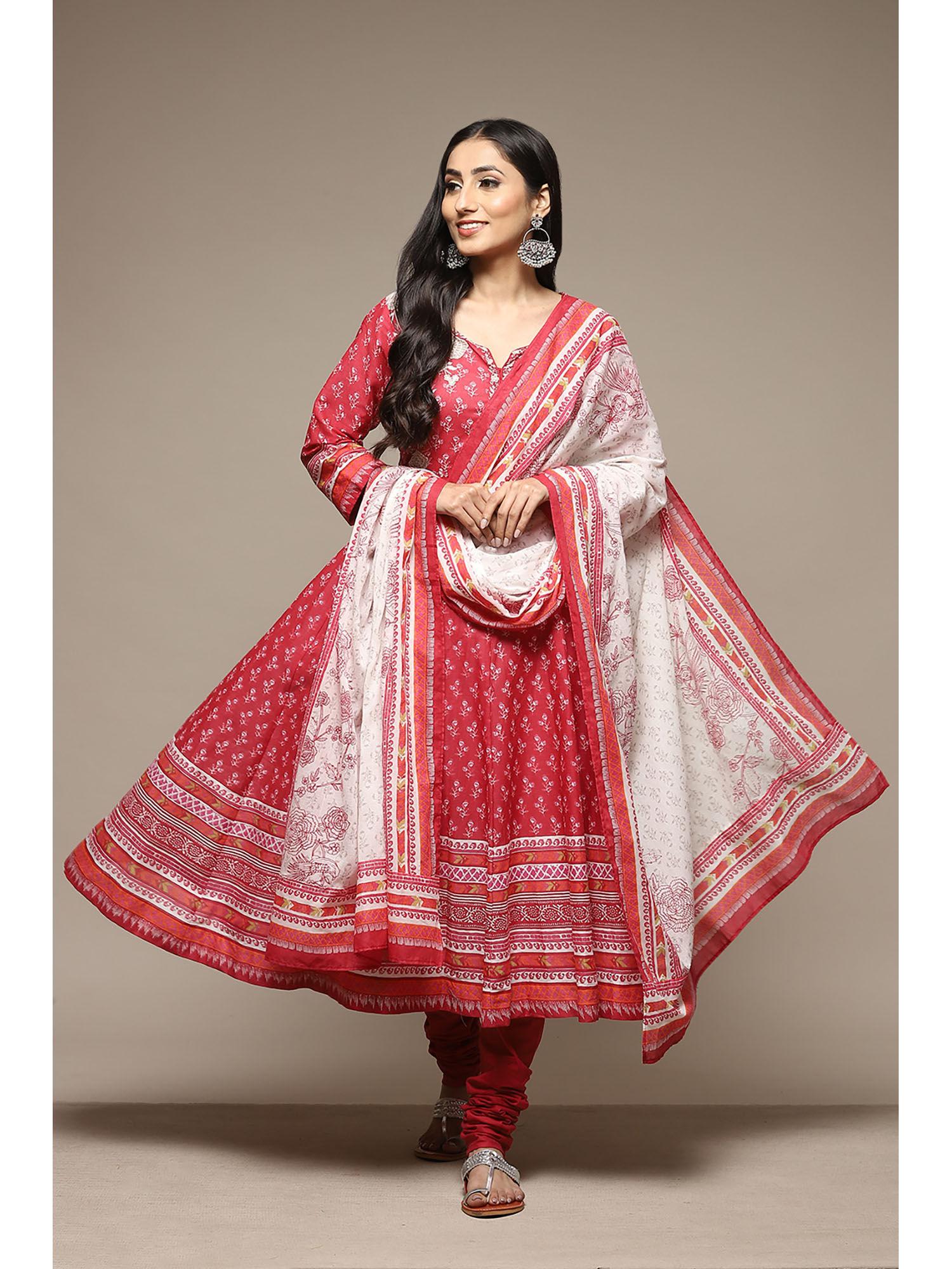 womens red printed voile anarkali suit (set of 3)