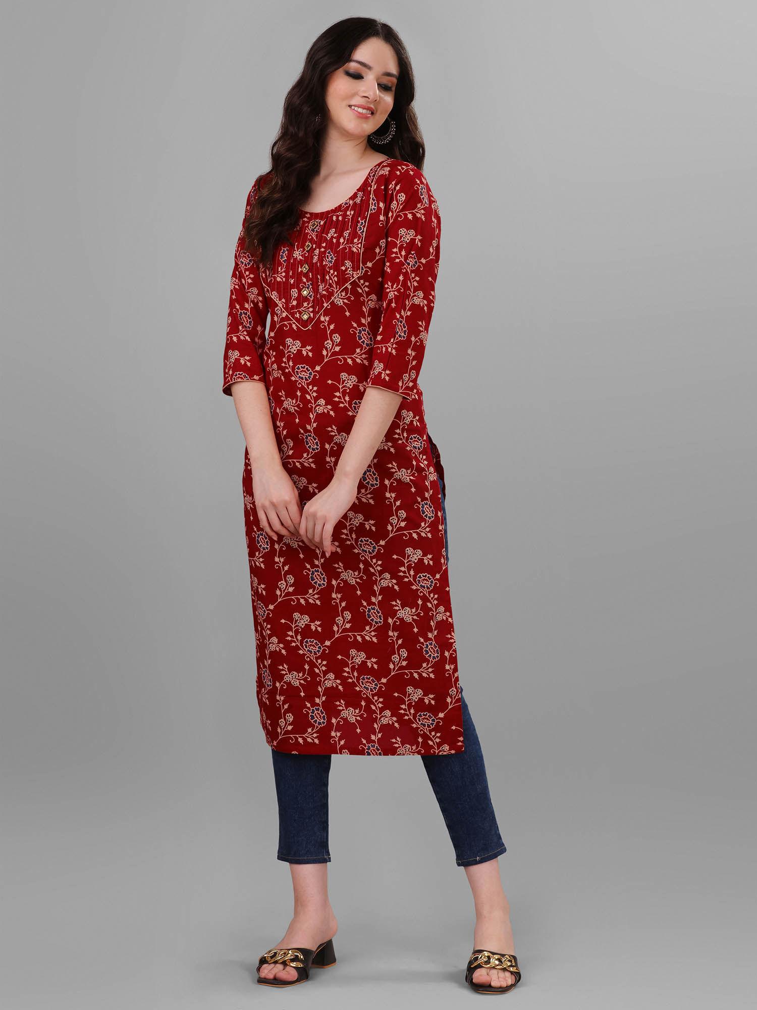 womens red pure cotton cambric block printed kurta