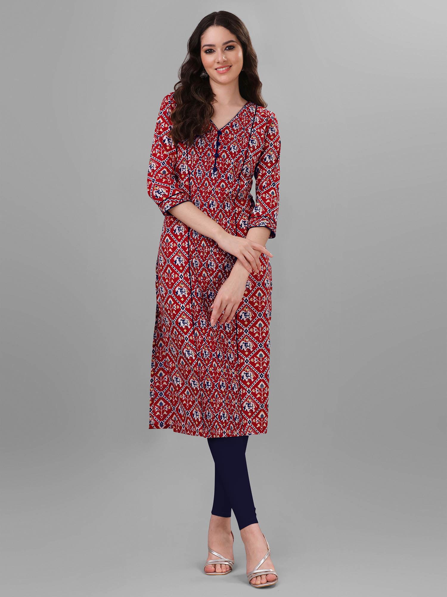 womens red pure cotton cambric patola print kurta