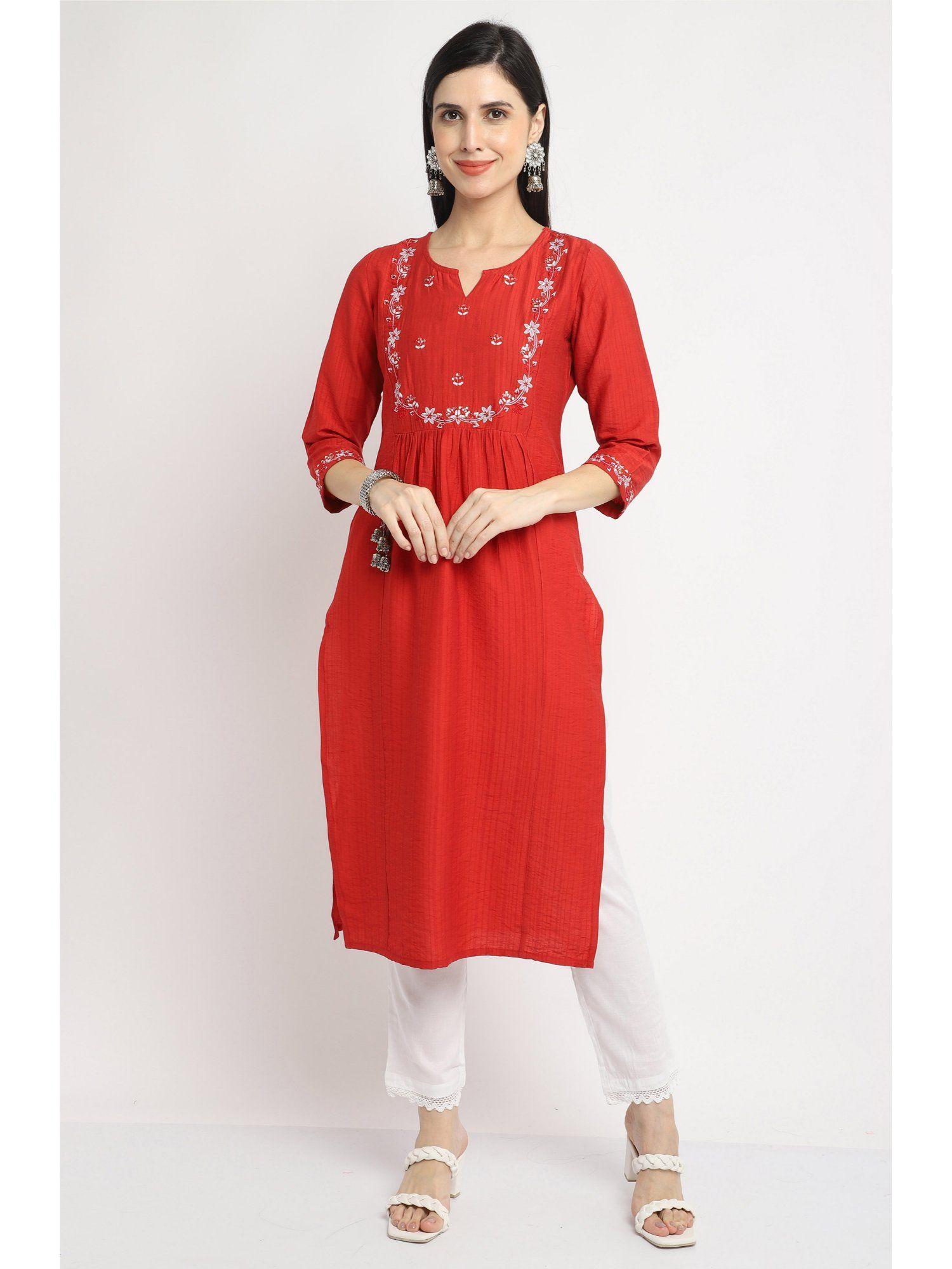 womens red pure cotton jaipuri embroidered kurta