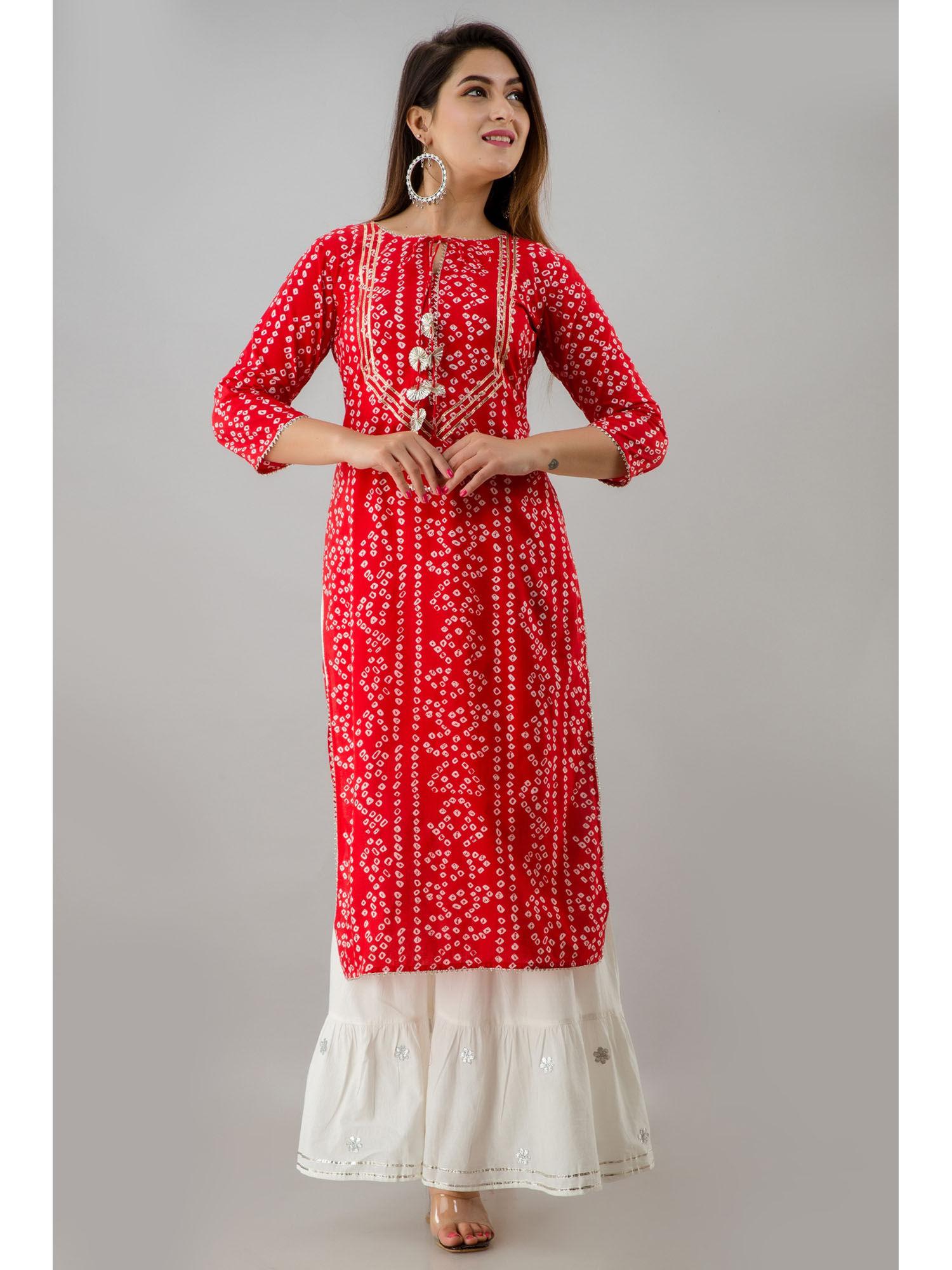 womens red rayon bandhej print straight kurta