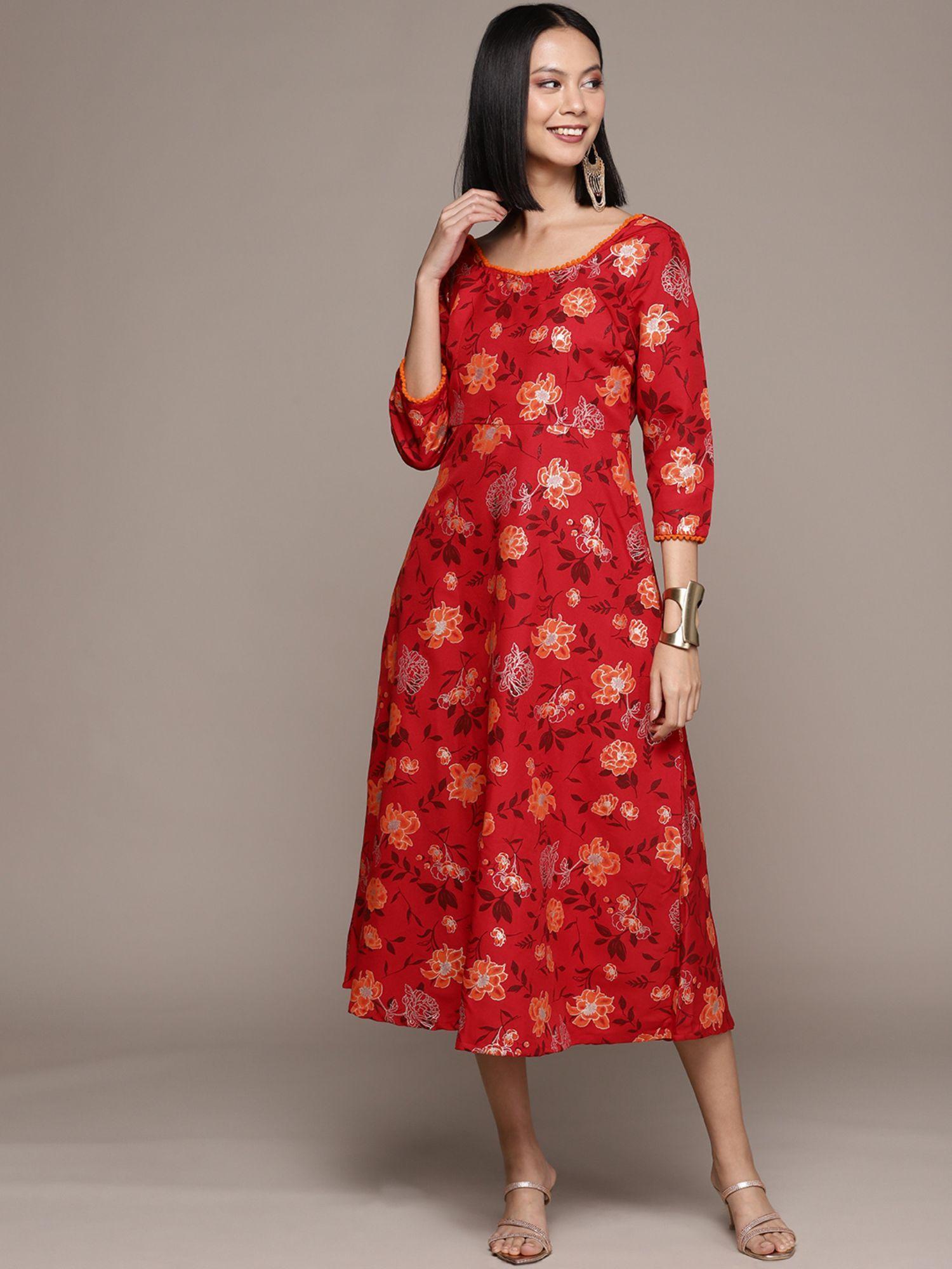 womens red rayon fit and flare ethnic dress