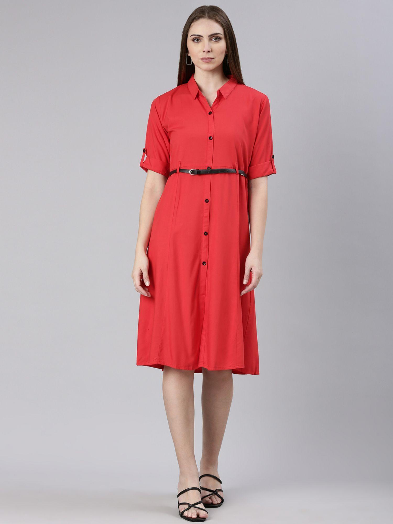 womens red shirt collar short sleeves shirt solid knee length dress (set of 2)