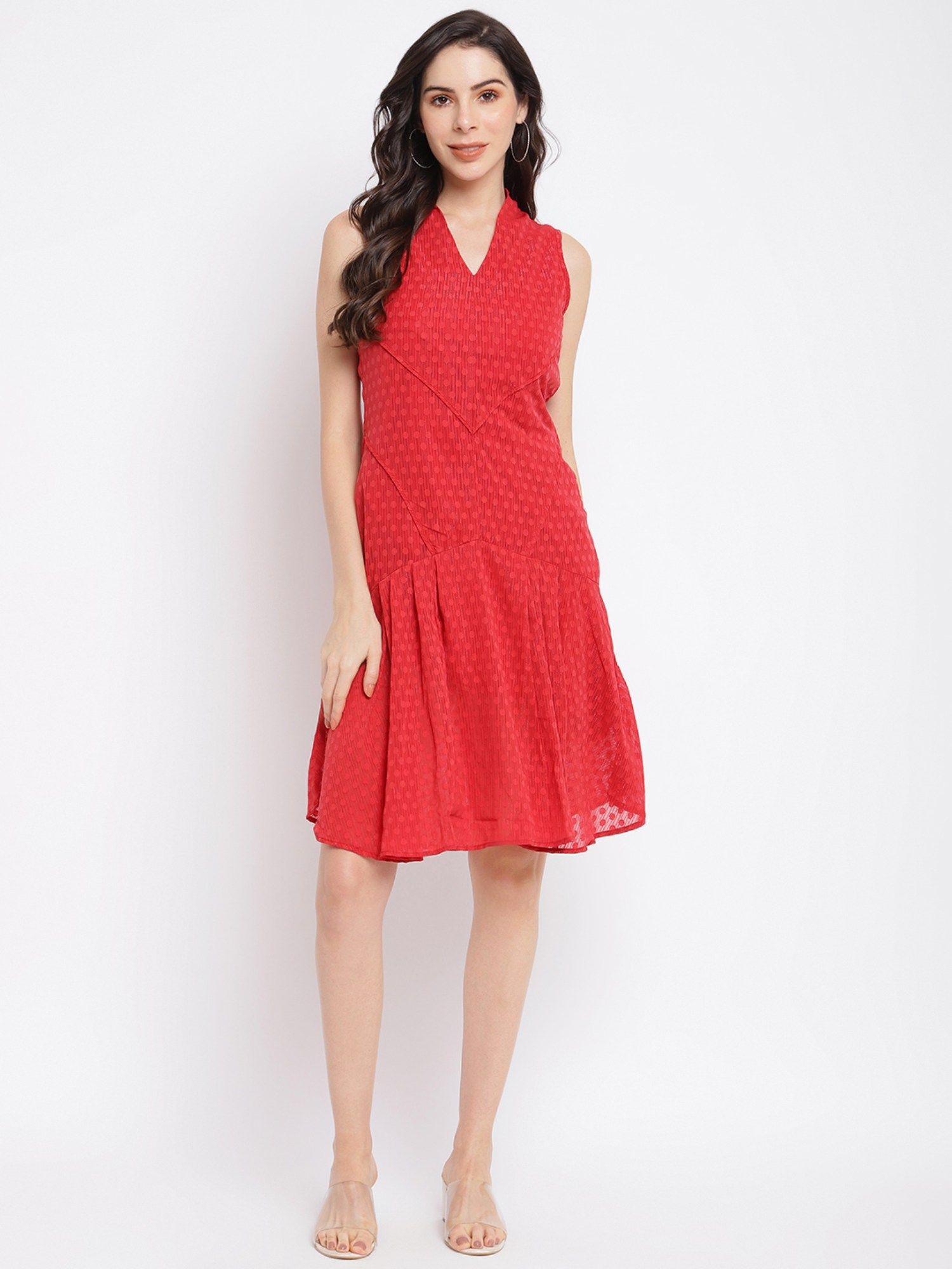 womens red sleeveless polka dots dress