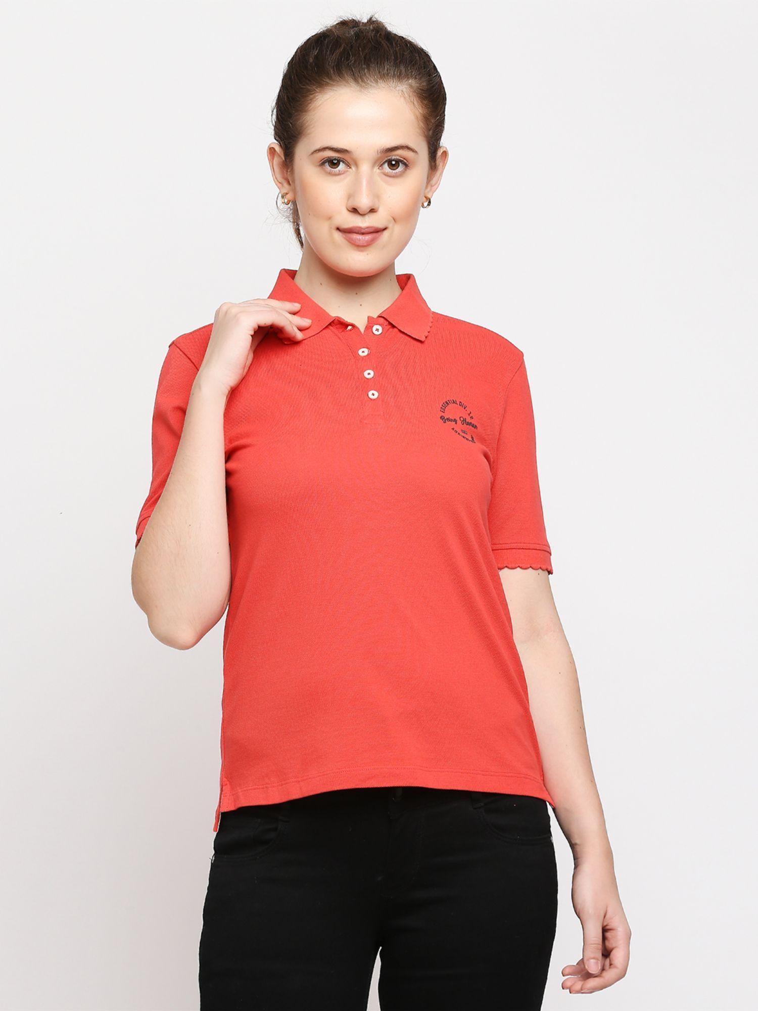 womens red solid collar neck polo t-shirt