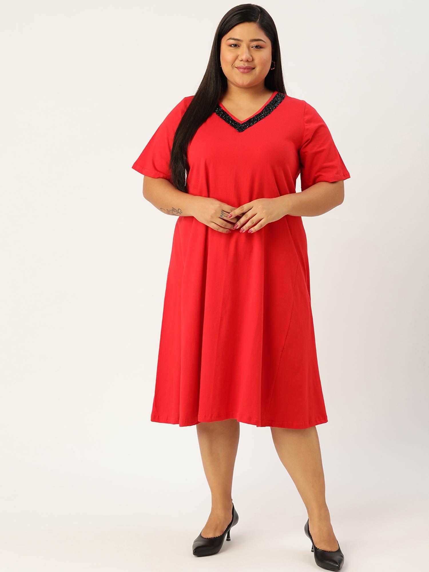 womens red solid color kardana tape a-line midi dress