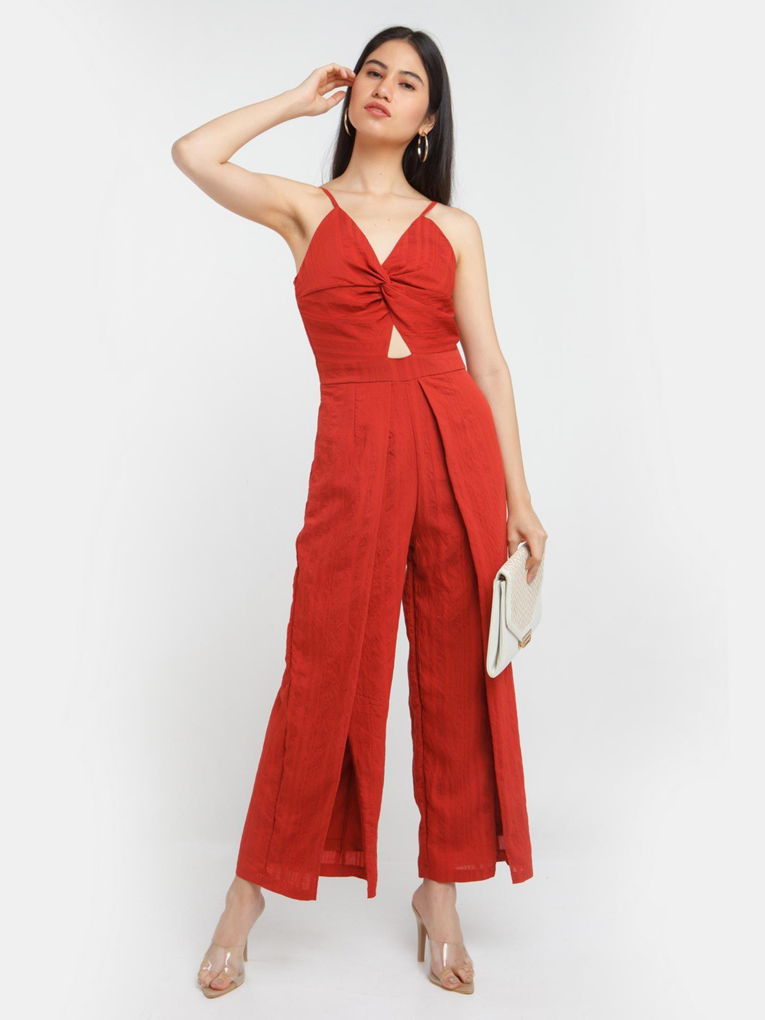 womens red solid jumpsuit