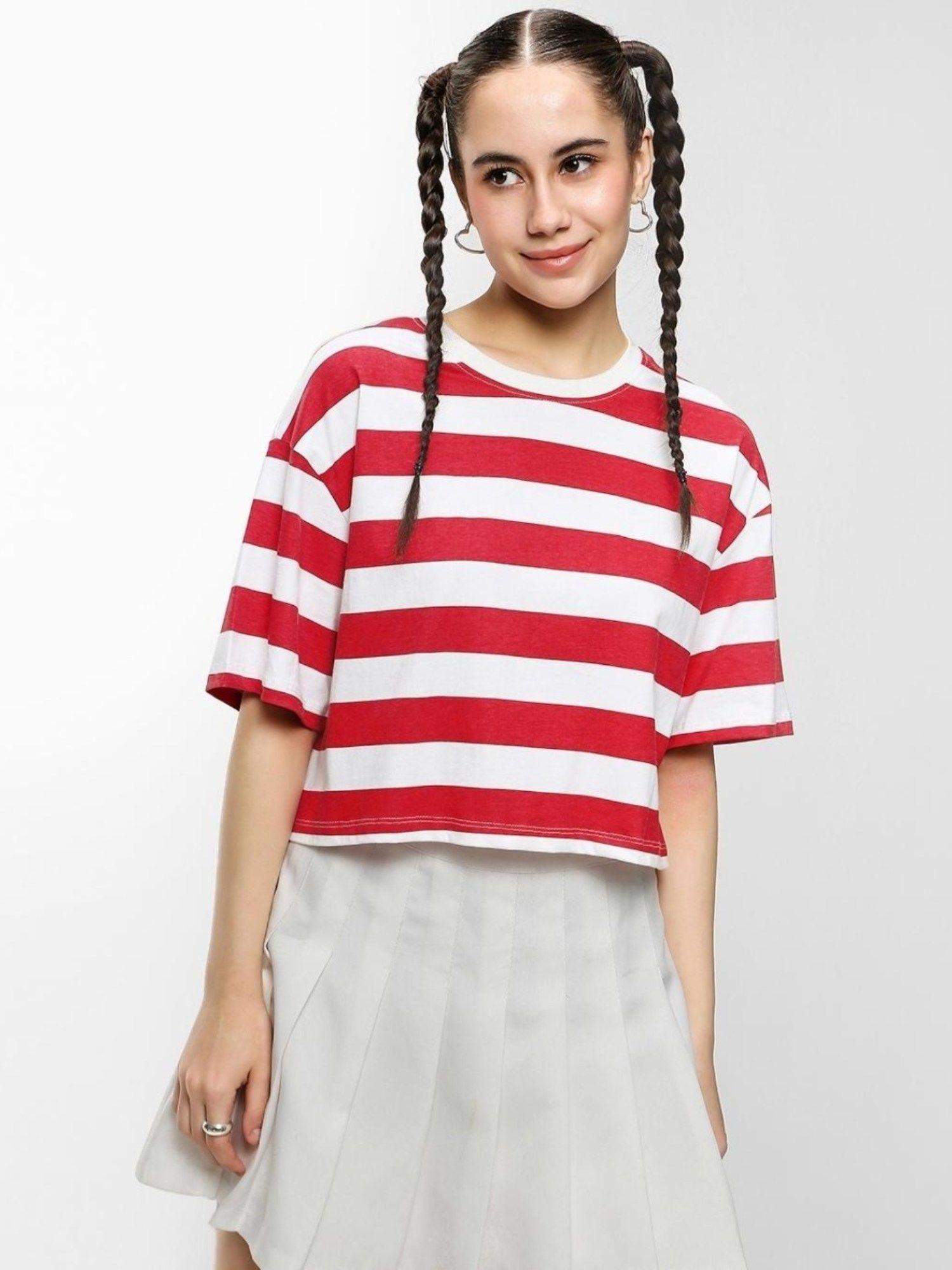 womens red stripes boxy t-shirt