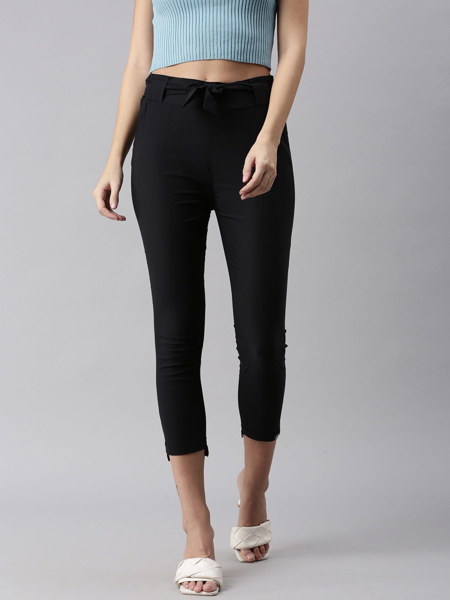 womens regular fit black solid regular trousers