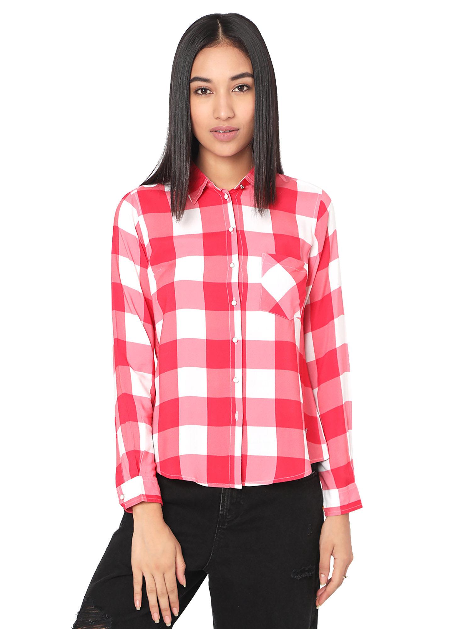 womens regular fit checked peach shirts