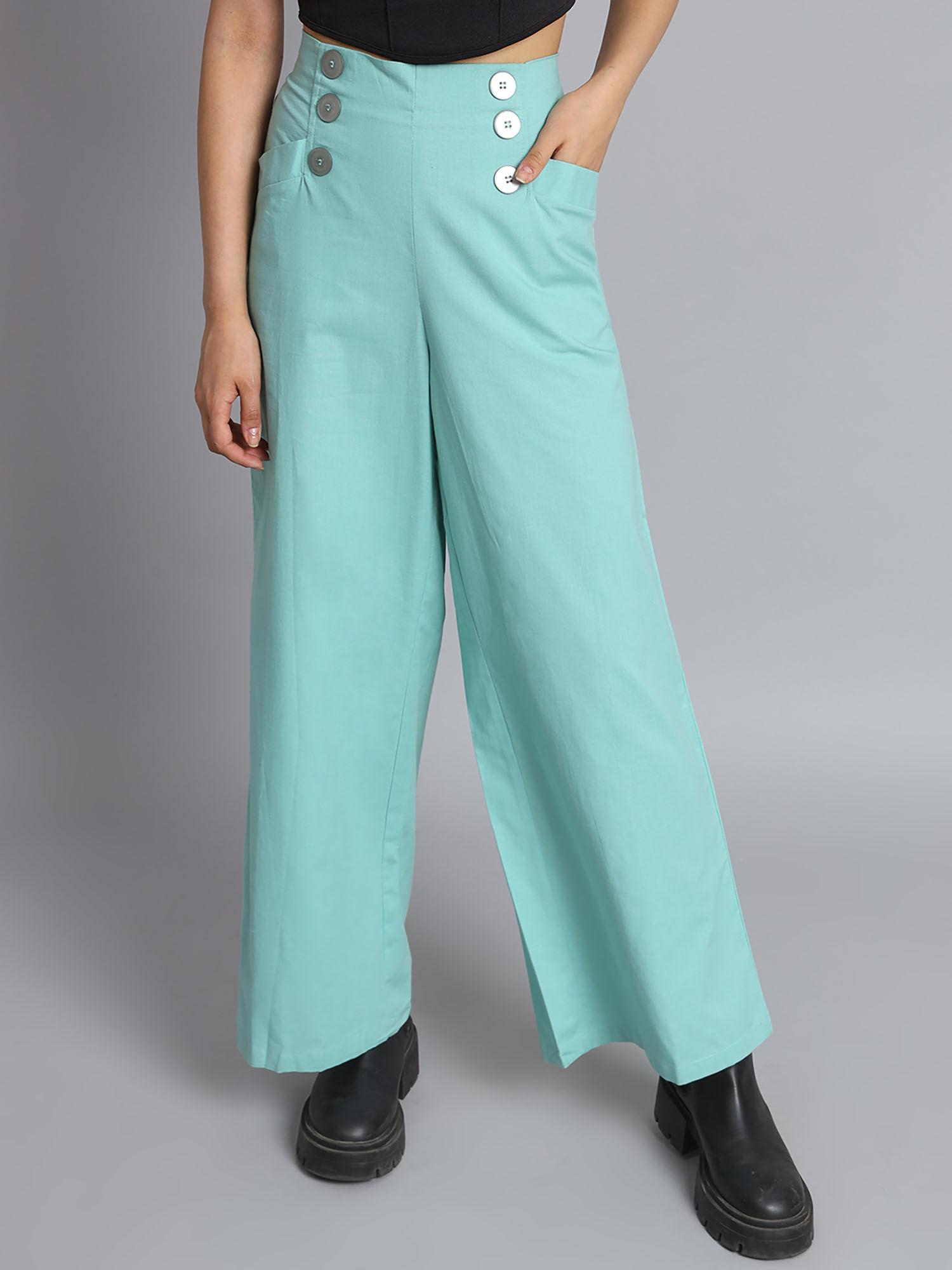 womens regular fit cotton office wear plus size sea green trouser pant