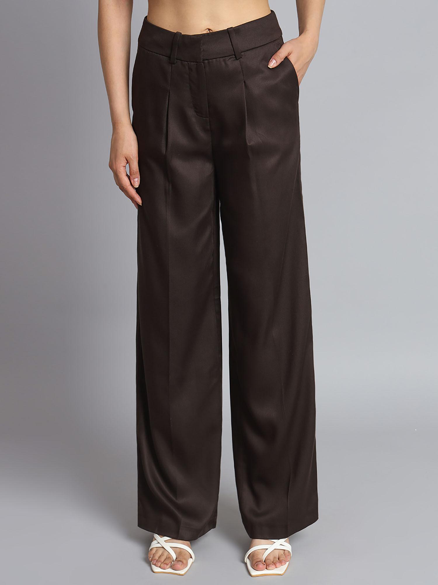 womens regular fit cotton plus size office wear dark brown trouser pant