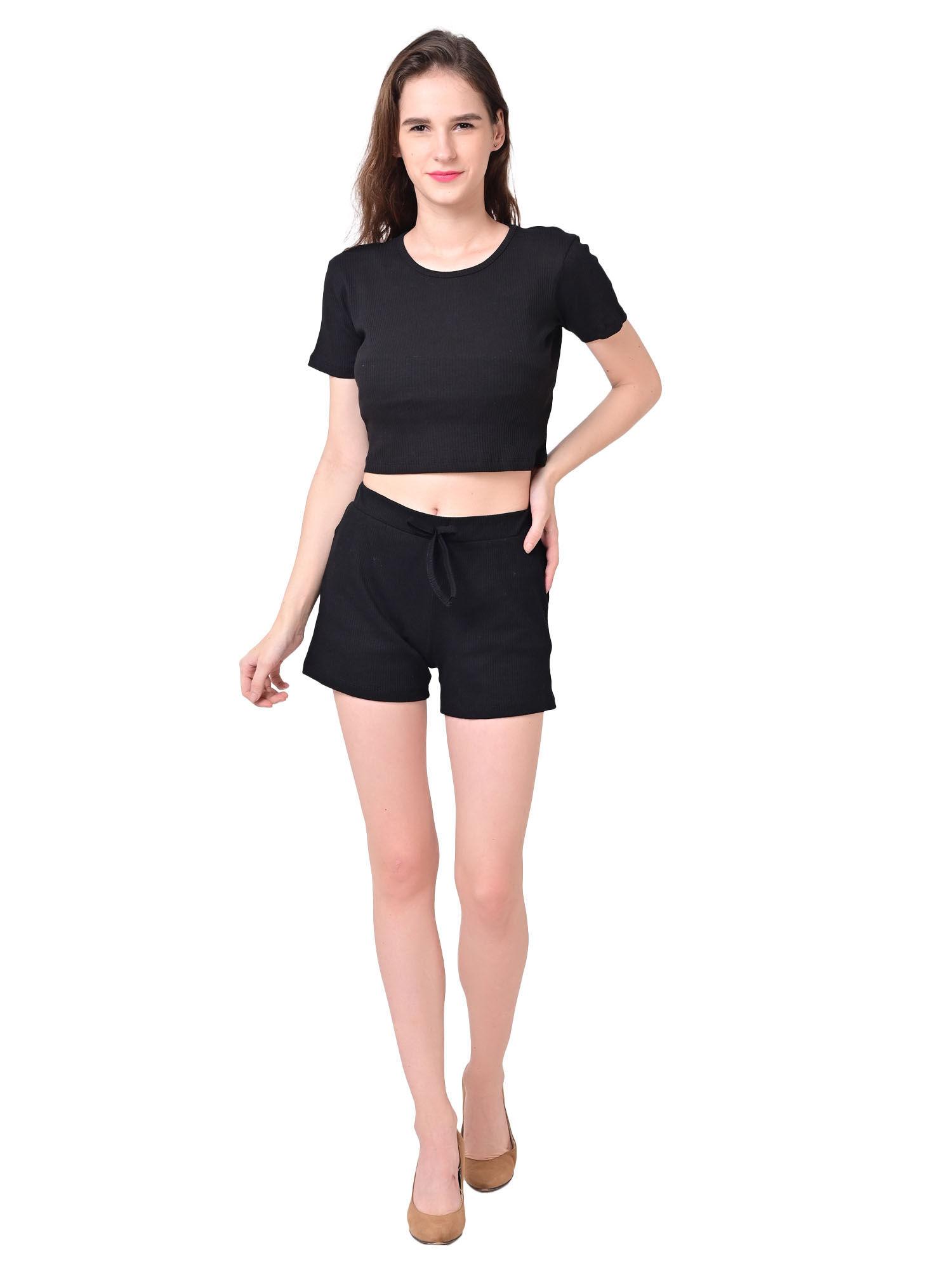 womens regular fit cotton two piece beachwear top & short black (set of 2)