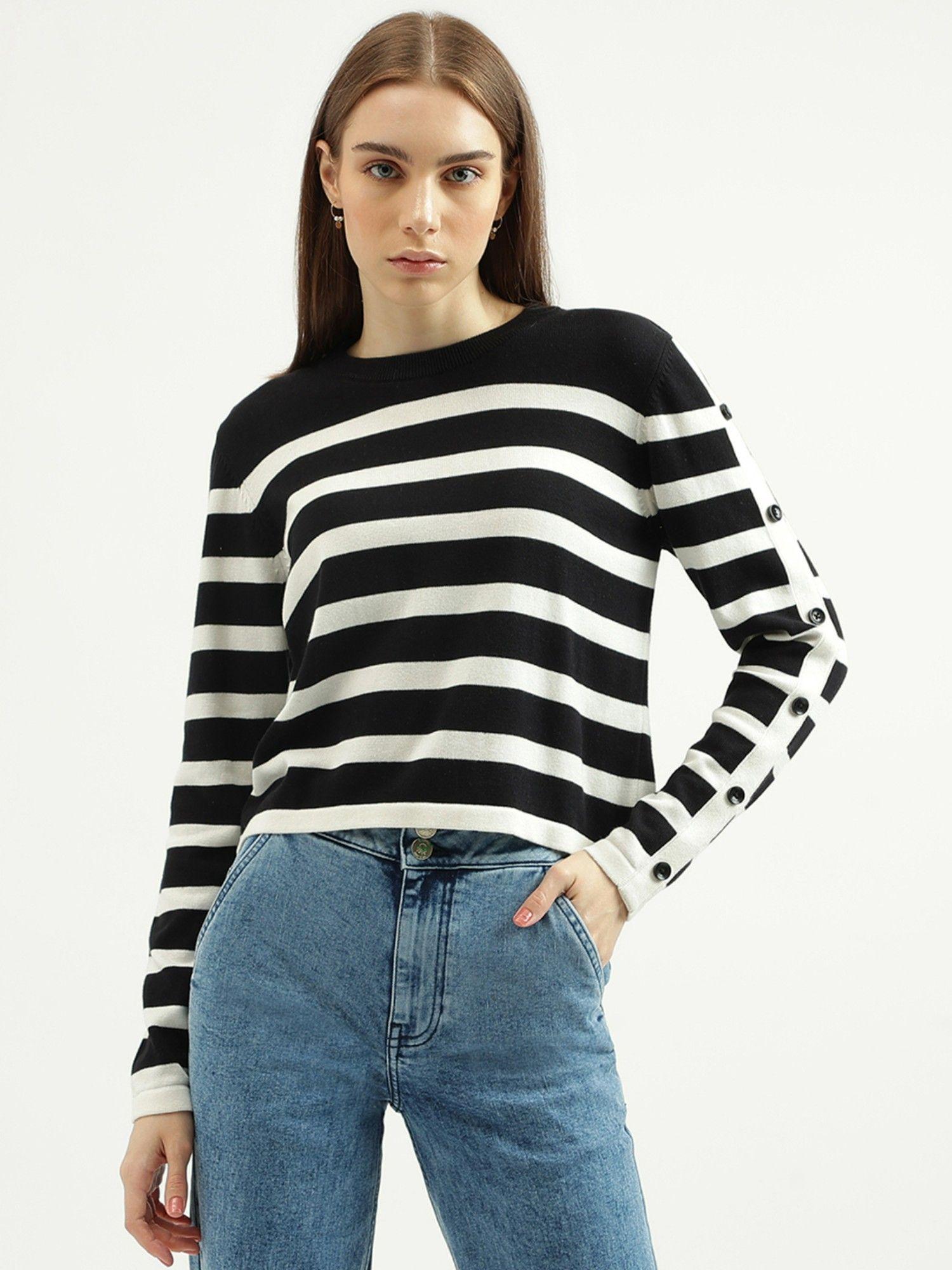 womens regular fit crew neck striped sweater-black