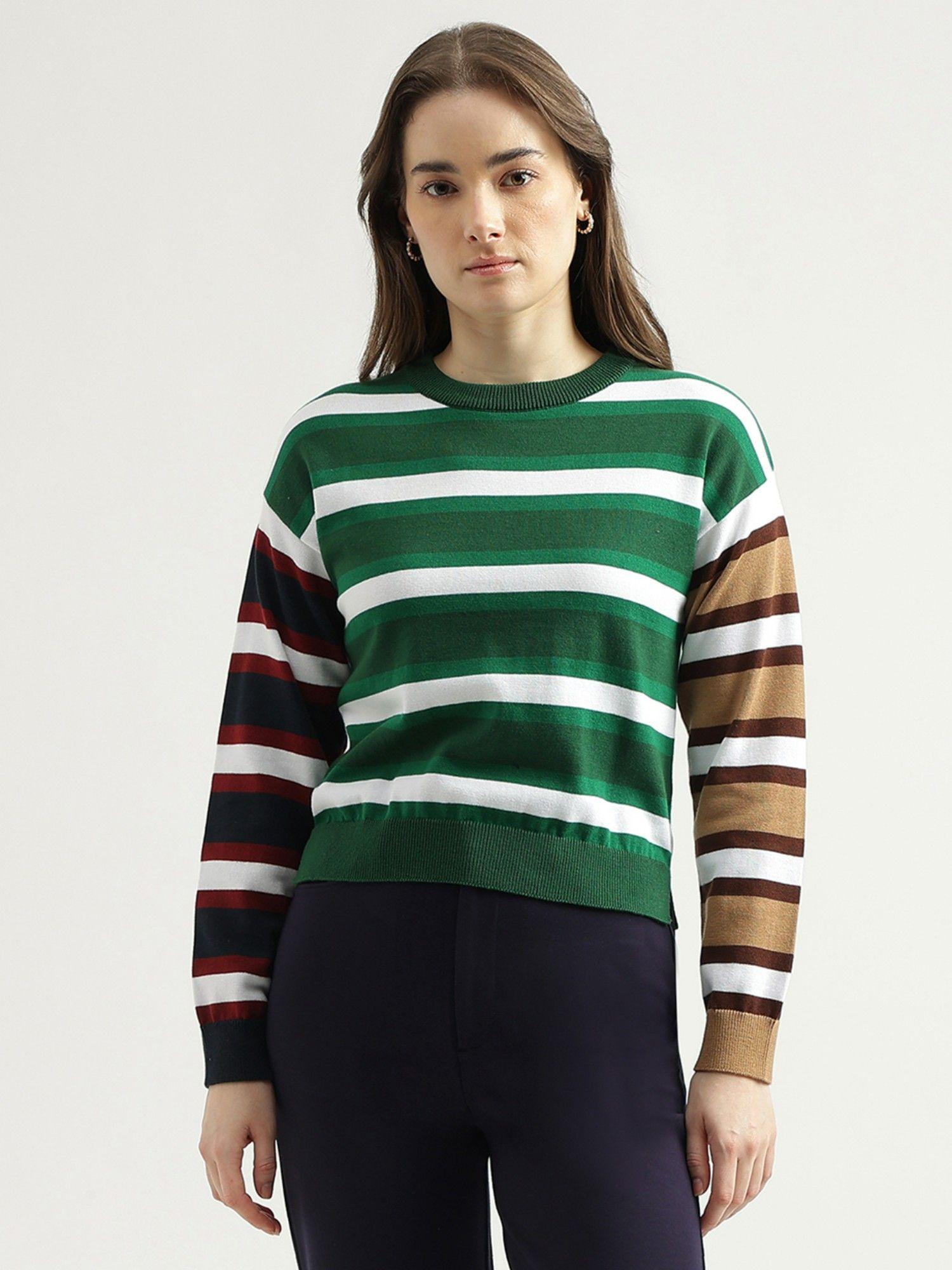 womens regular fit crew neck striped sweater-multi-color