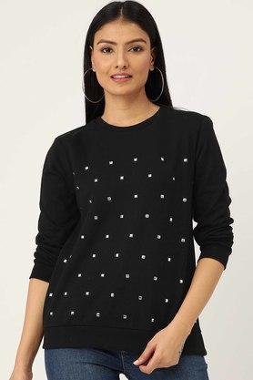 womens regular fit embellished round neck sweatshirt - black