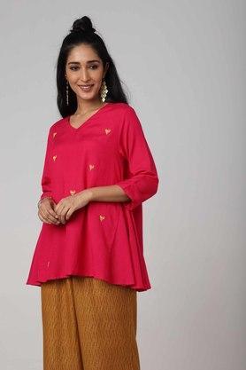 womens regular fit embroidered tunic - fuschia