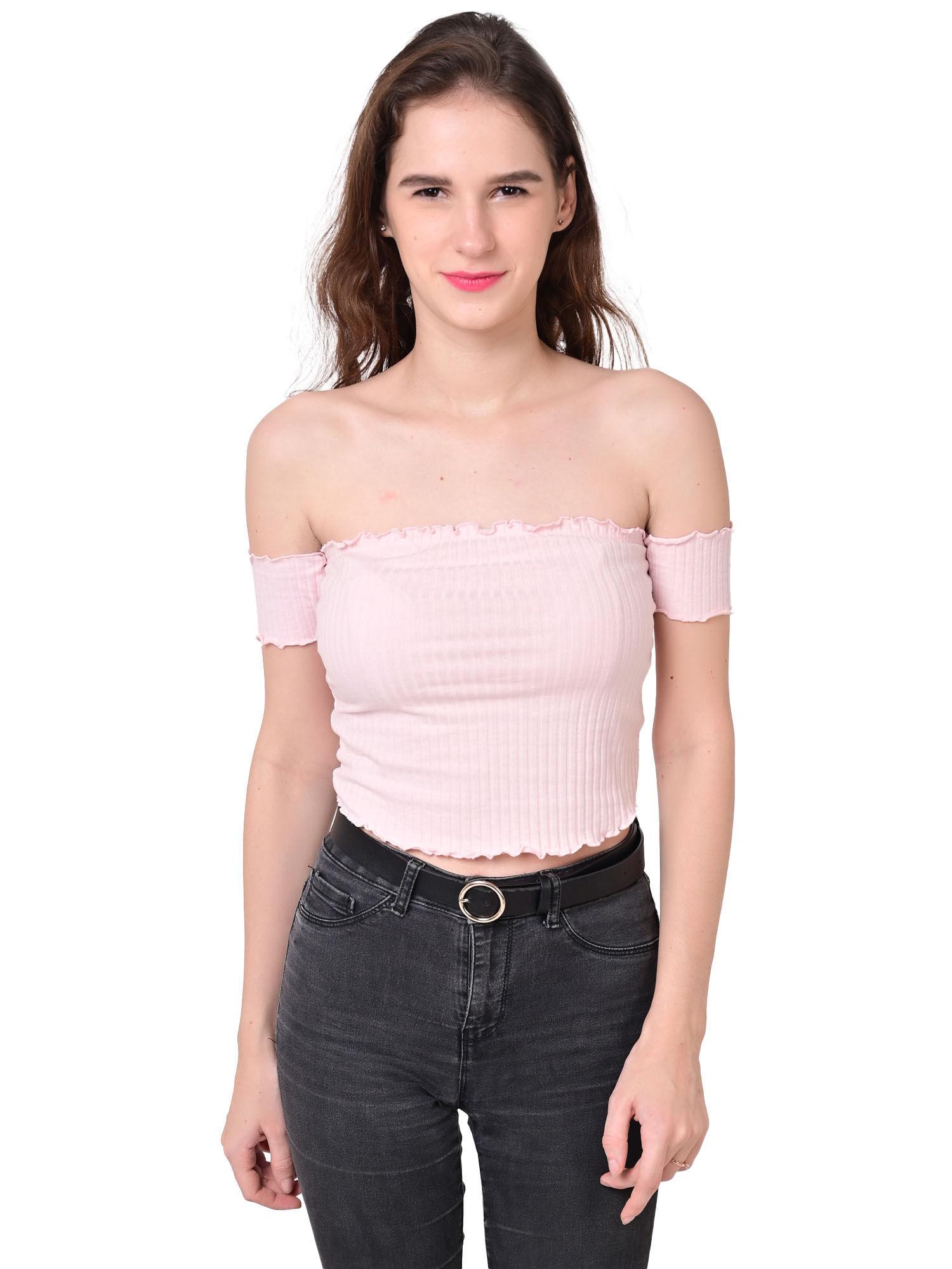 womens regular fit off- shoulder smocked pink crop top