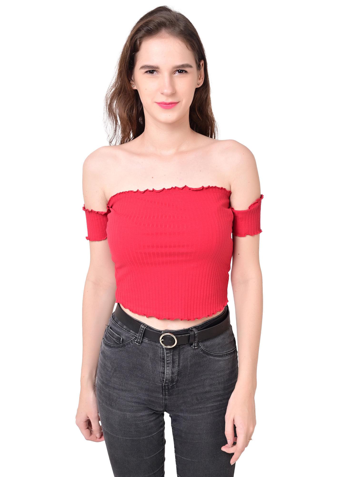 womens regular fit off- shoulder smocked red crop top