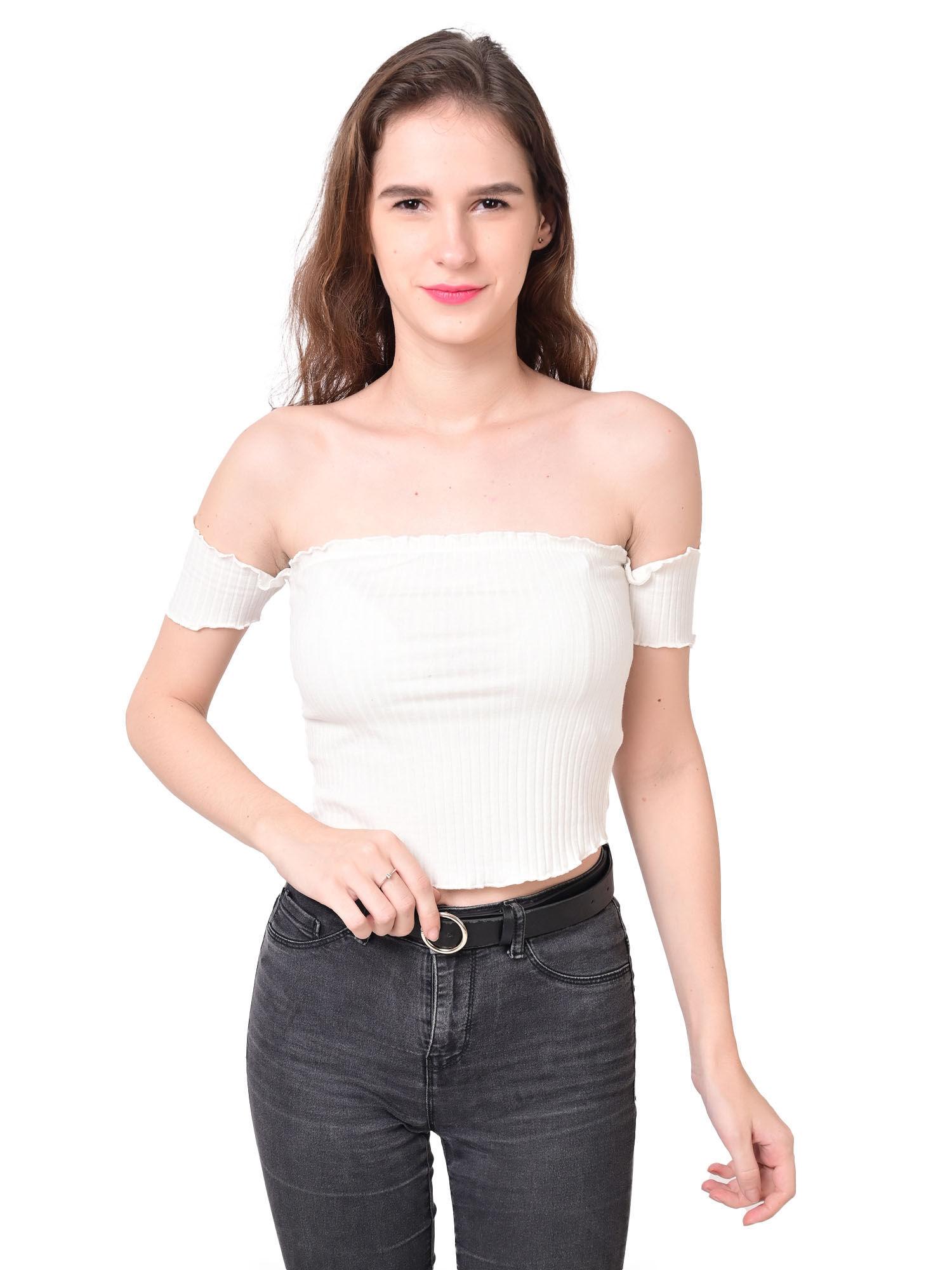 womens regular fit off- shoulder smocked white crop top